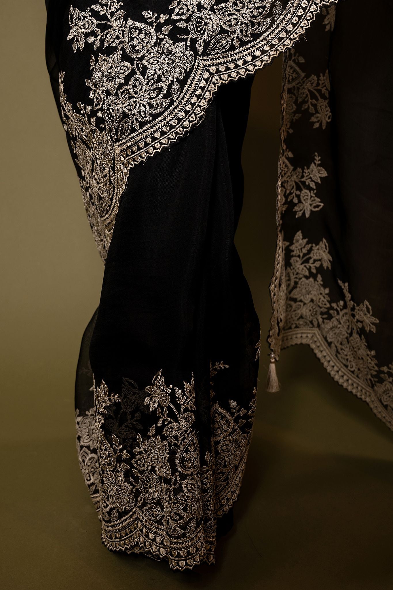 Black Organza dabka marodi border butti handwork saree