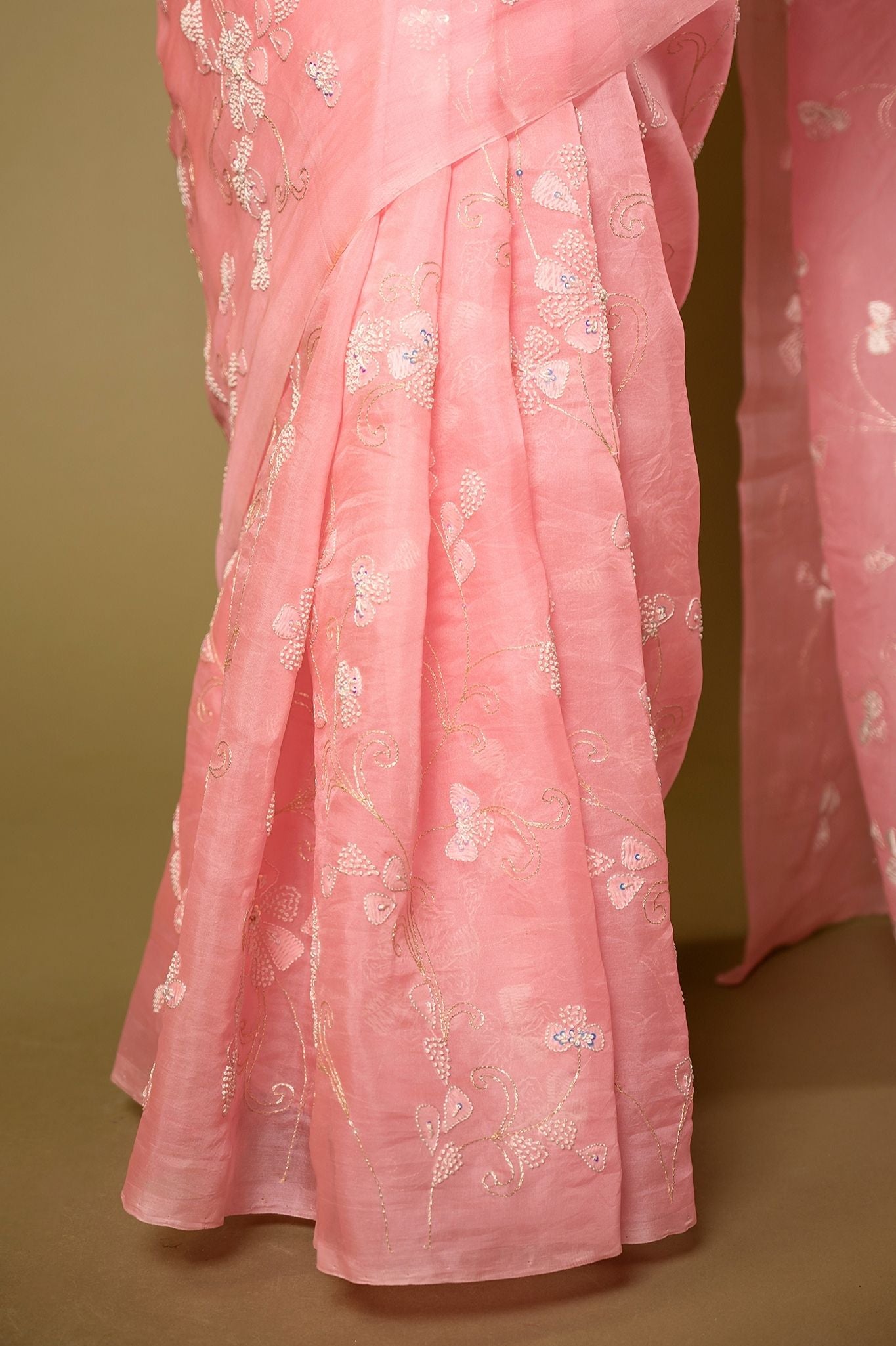 Baby Pink Organza resham embroidery jaal Handwork Saree