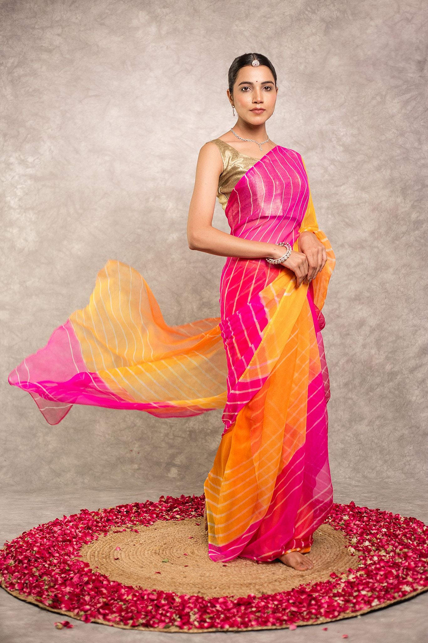 Multi lehariya Pure Georgette 20 Gsm plain hand dyed traditional wear saree