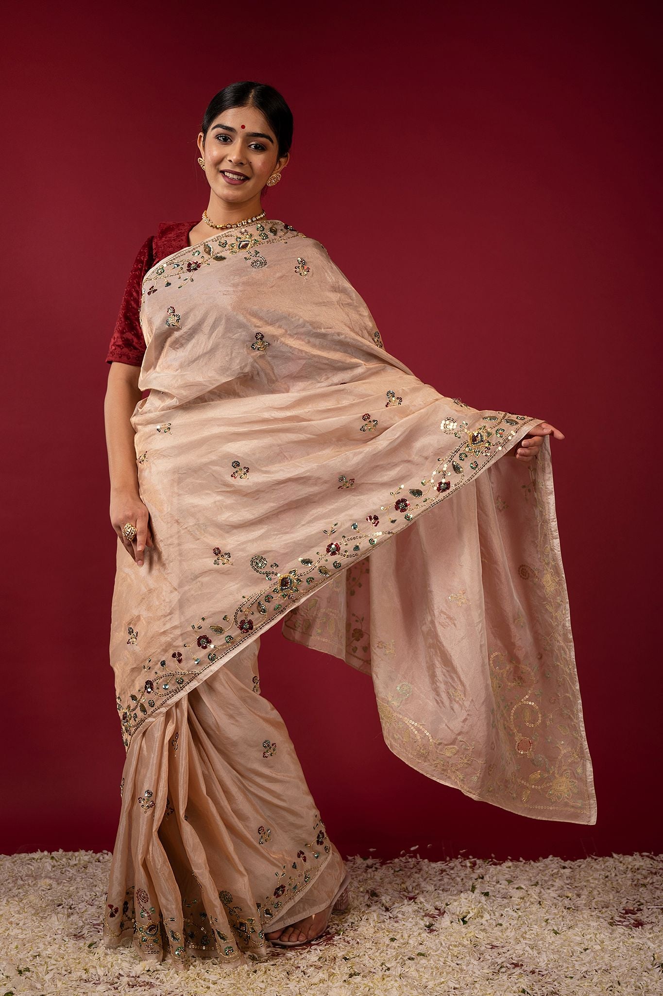 Cream Pure Tissue aari sequins handwork saree