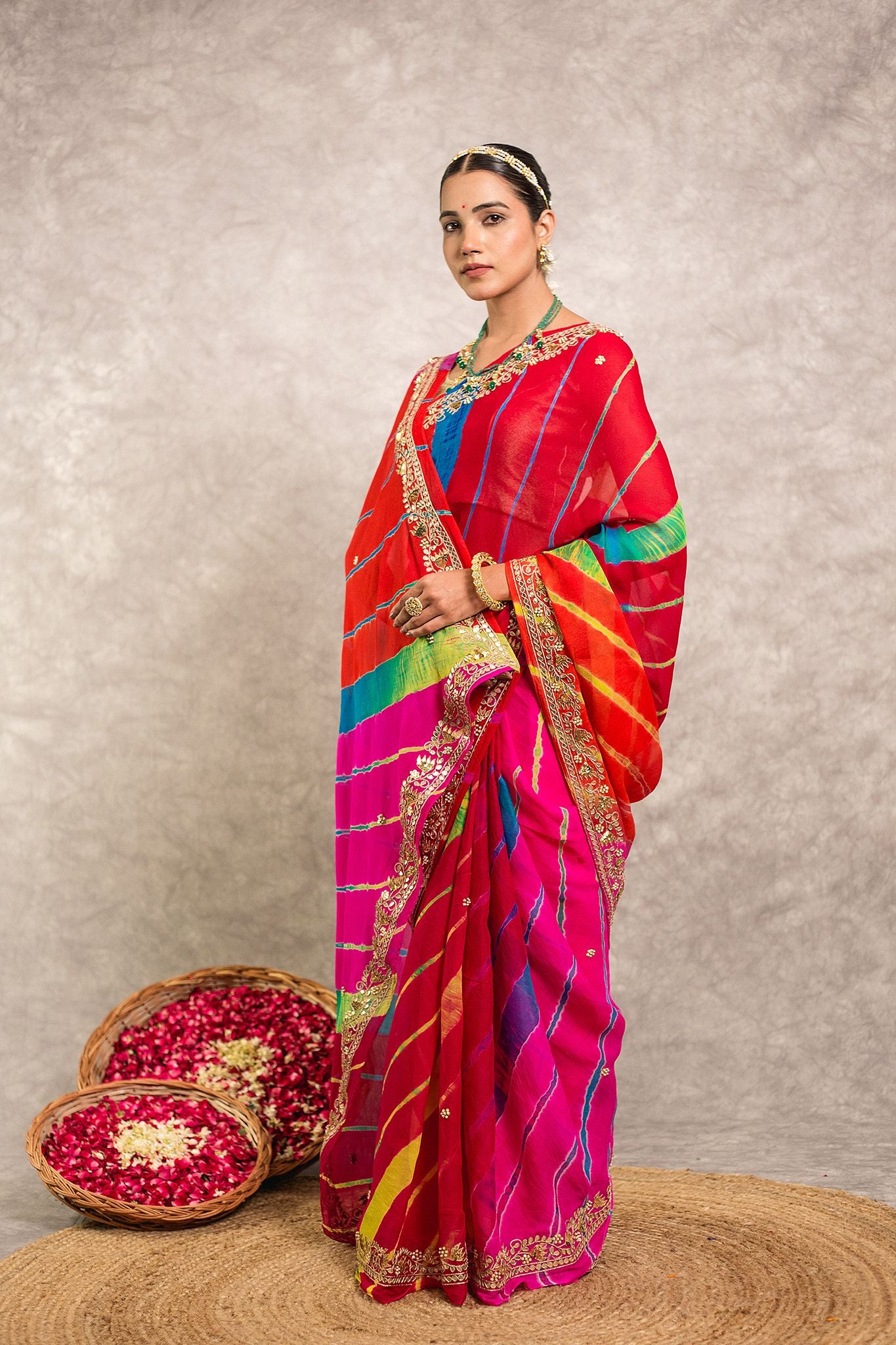 Multi lehariya Pure Georgette 40 Gsm Gotta Pati border butti handwork traditional wear saree