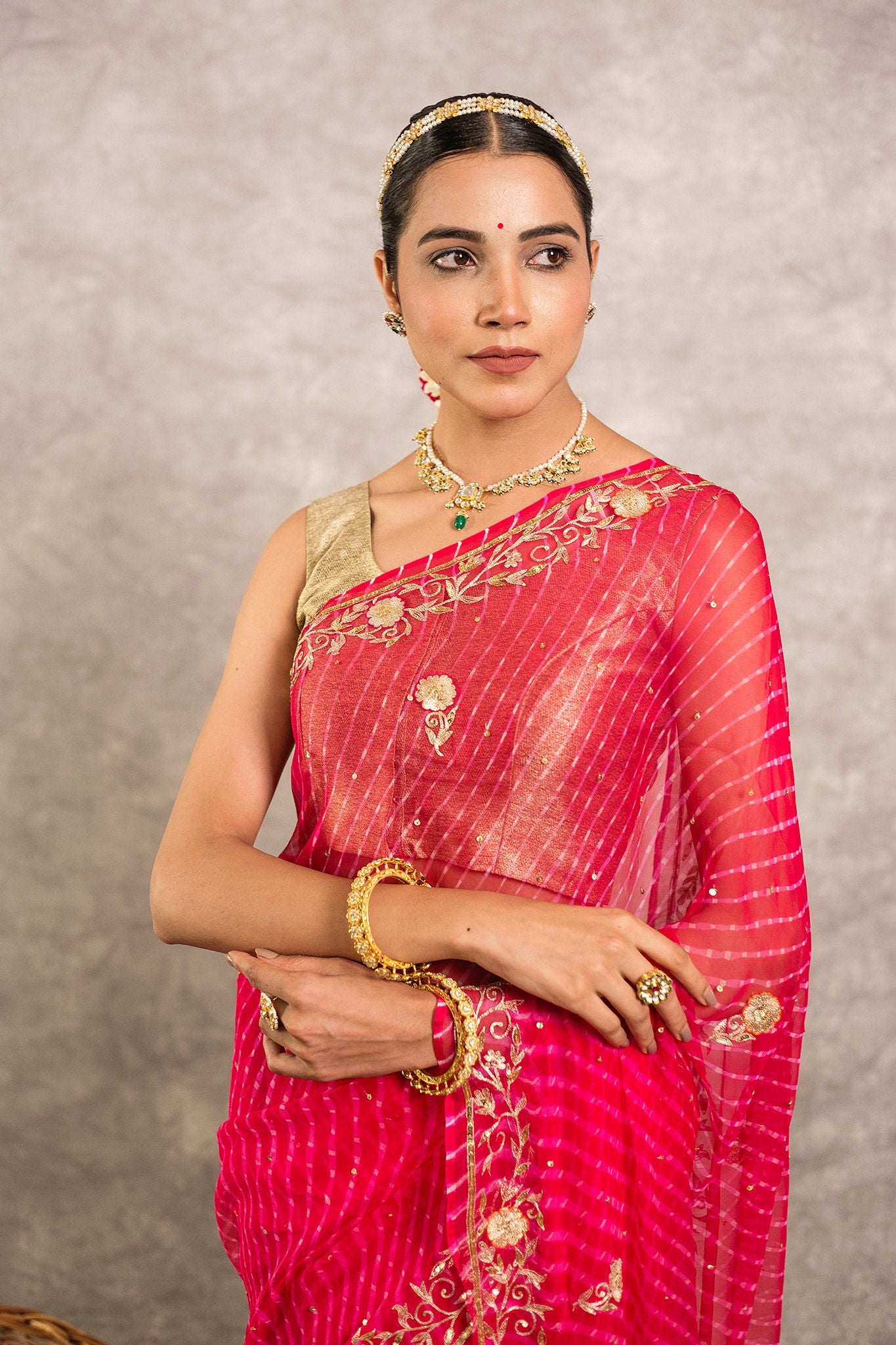 Magenta Lehariya Pure Georgette 20 Gsm aari sequins border butti handwork traditional wear saree