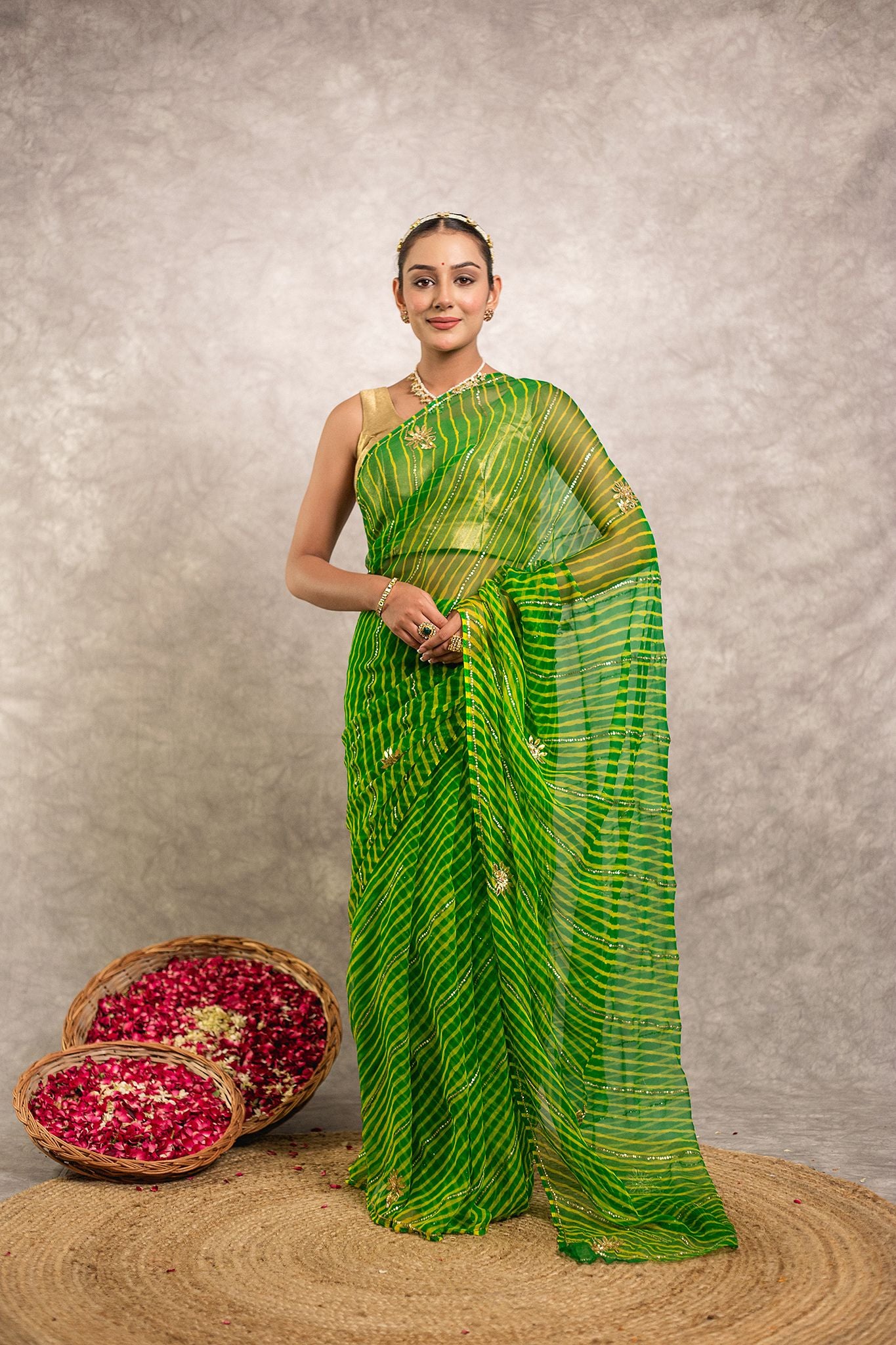 Green lehariya Pure Georgette 20 Gsm Aari tari handwork traditional wear saree