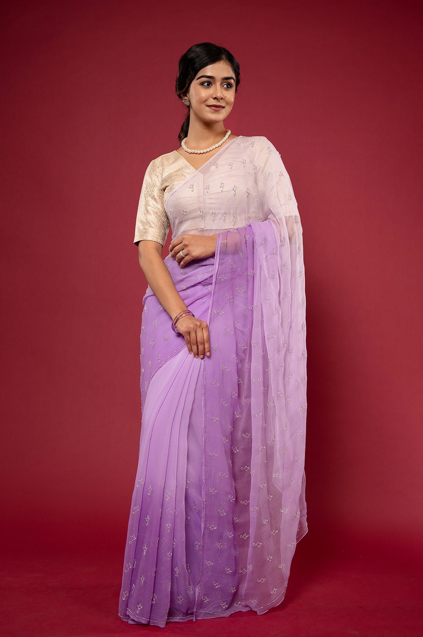 Lavender light dark viscose chiffon kardana motif handwork casual wear saree