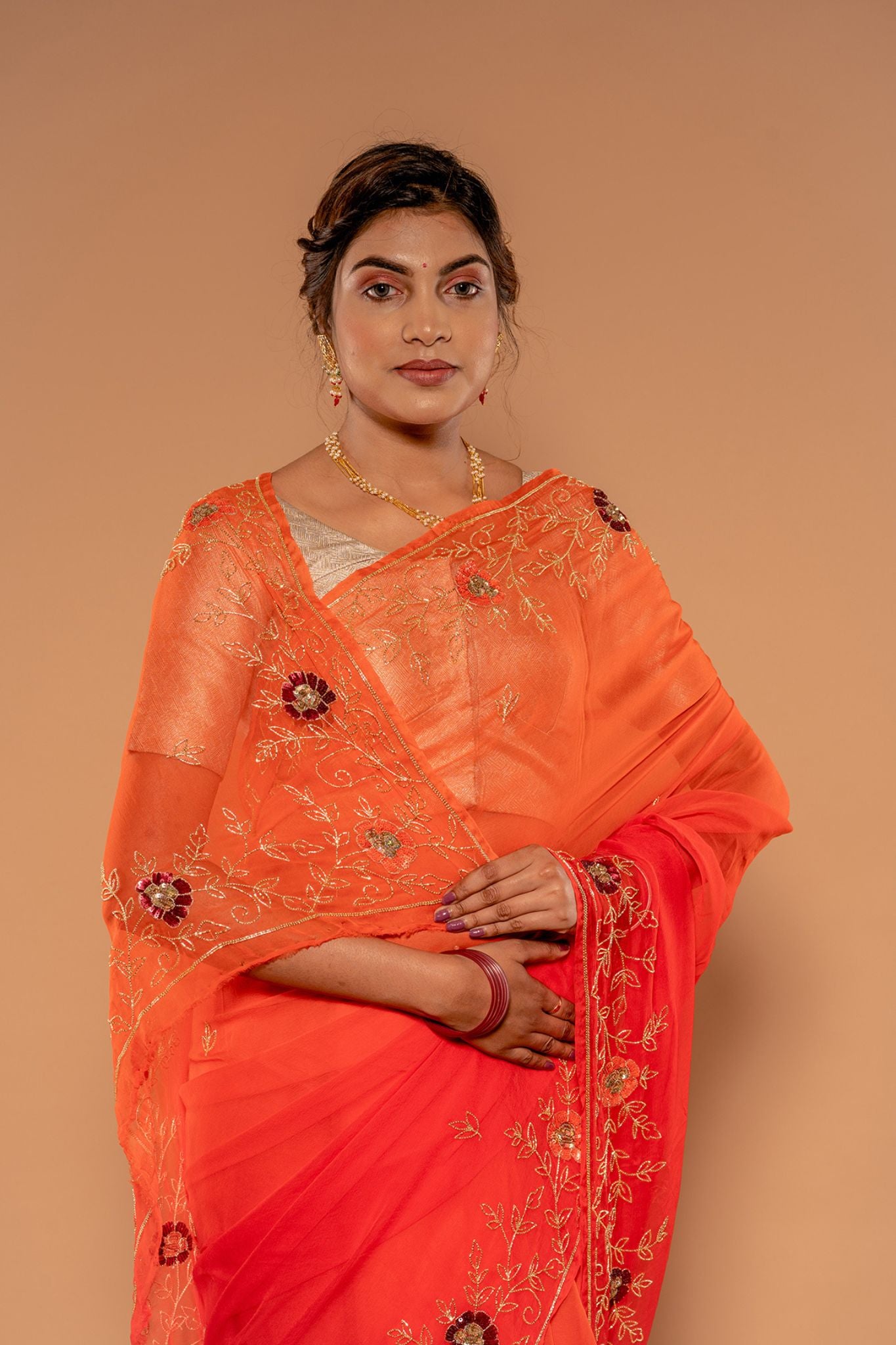 Orange Gajri Viscose Chiffon Kardana sequins Handwork Saree
