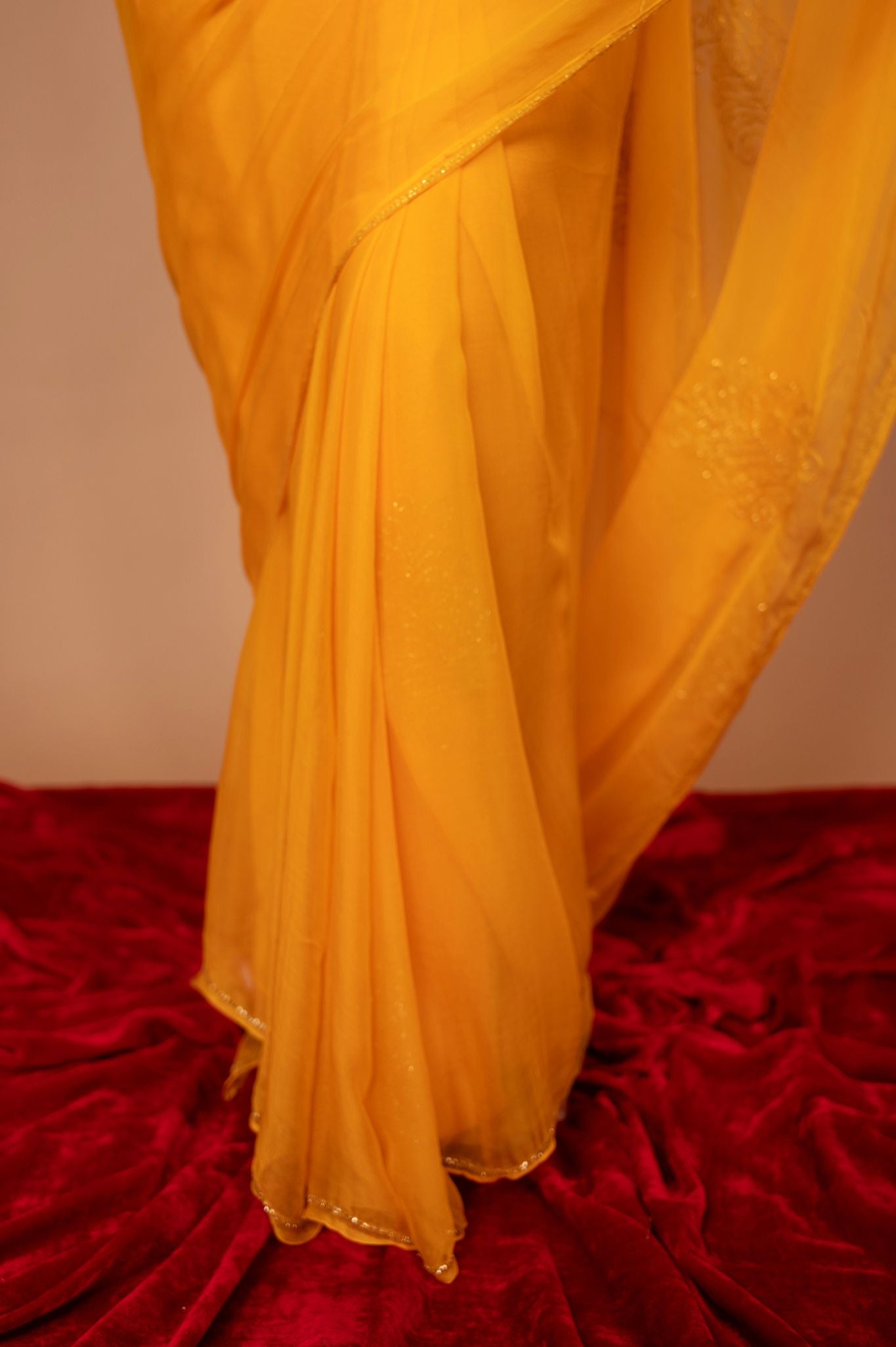 Yellow viscose chiffon kardana motif handwork casual wear saree