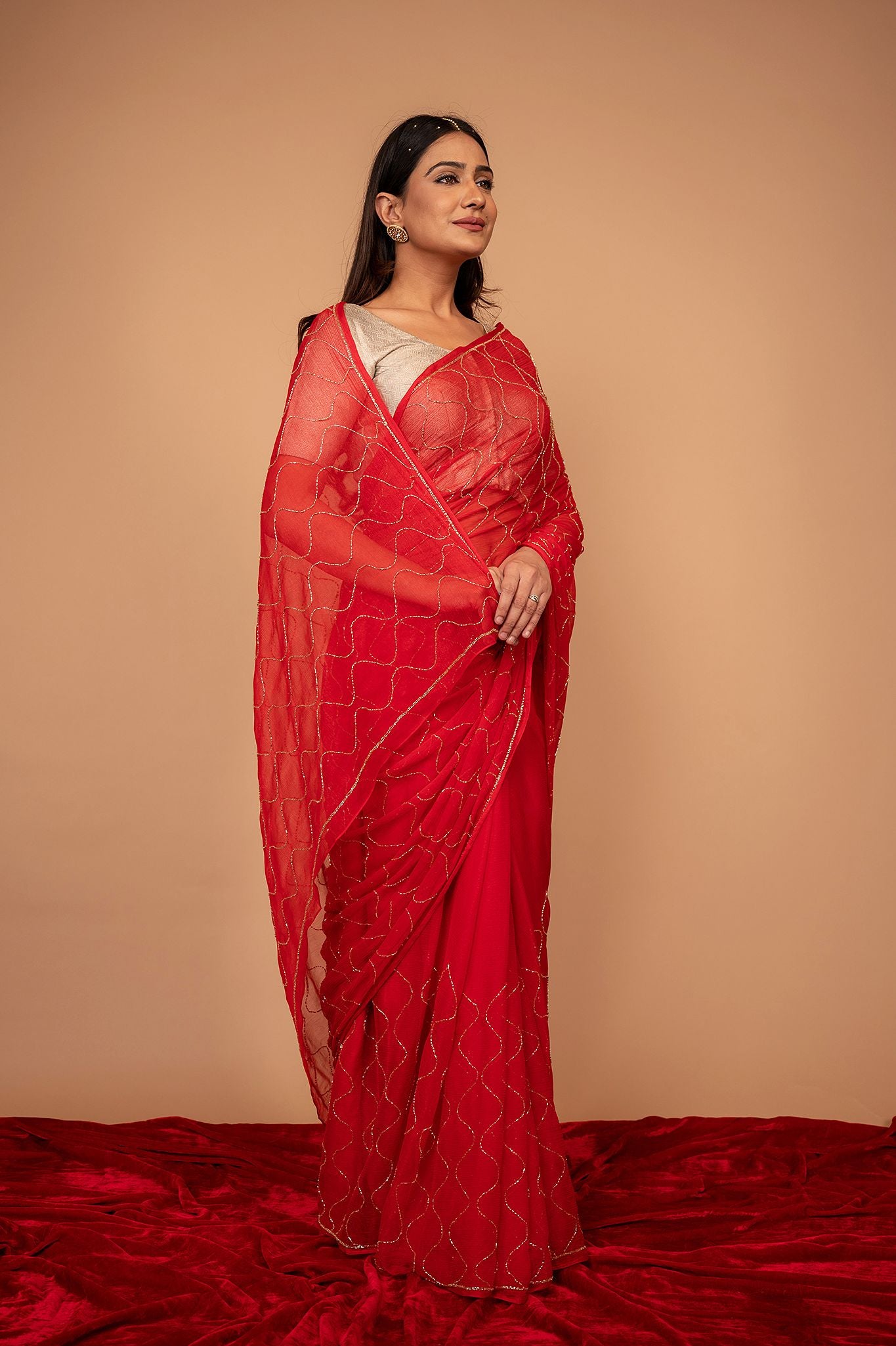 red Viscose Chiffon Kardana jaal Handwork Saree