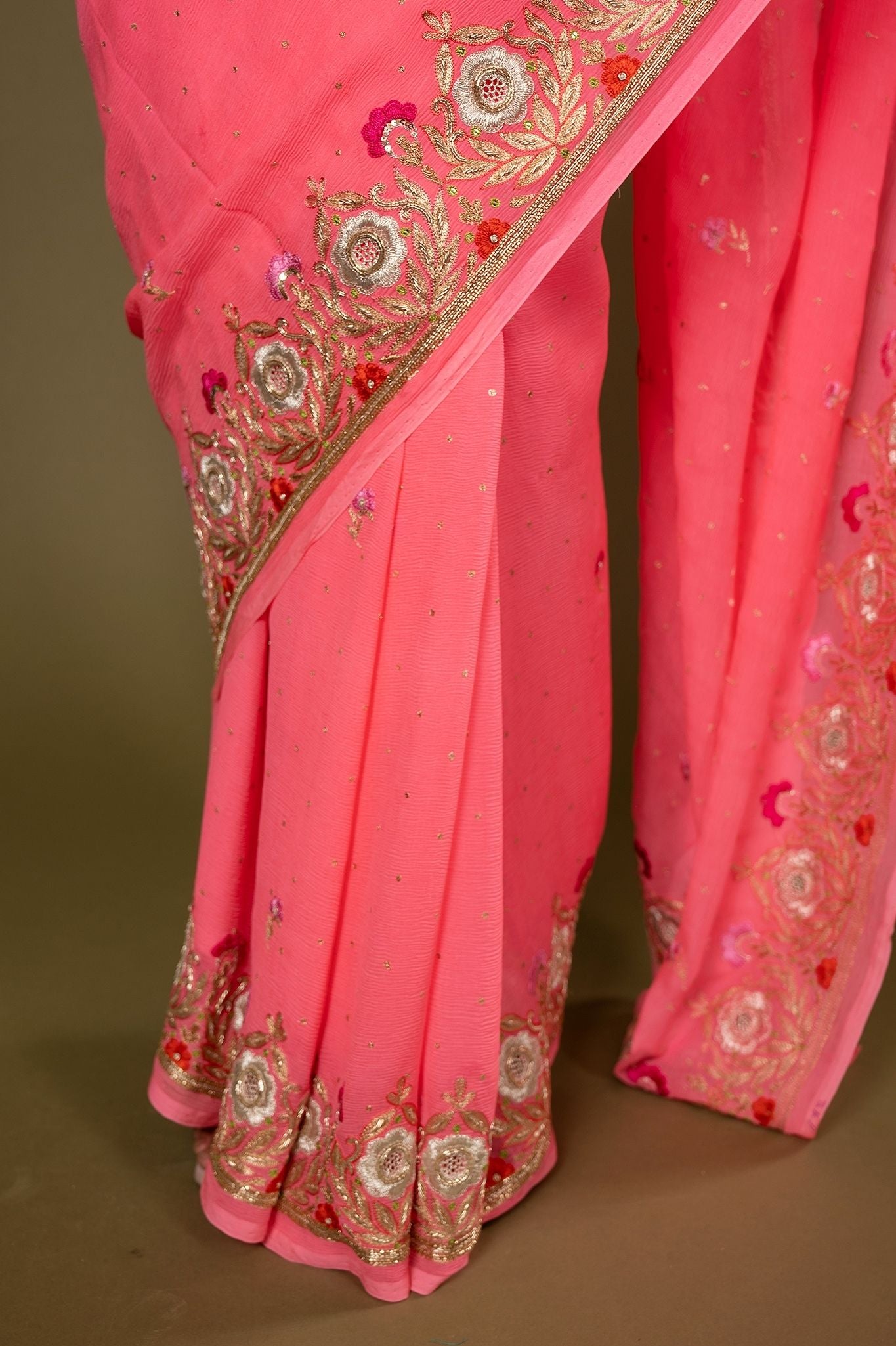 Neon Pink pure chiffon aari resham border butti handwork saree