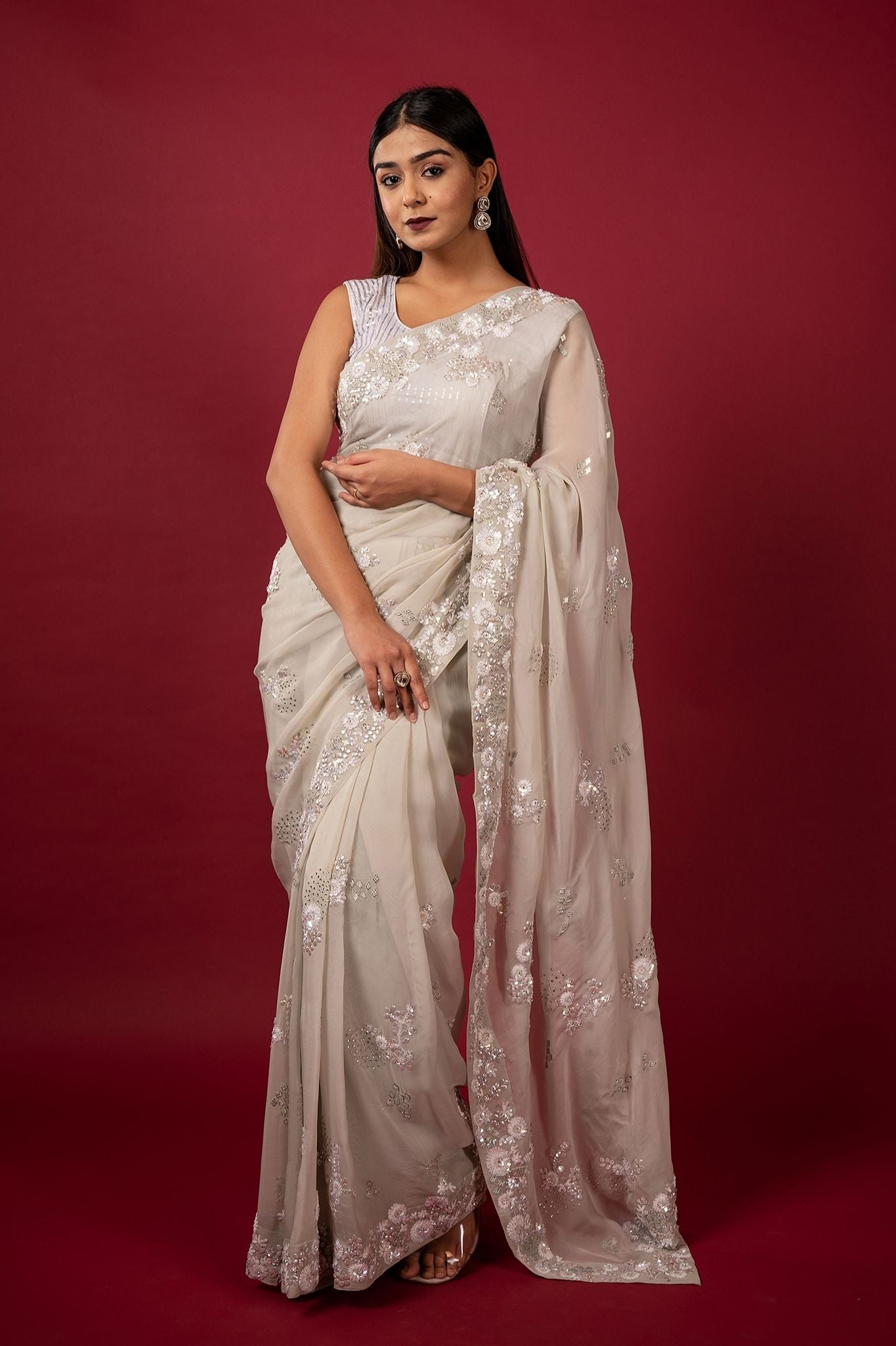 Milky grey organza sequins stone fancy work handwork saree