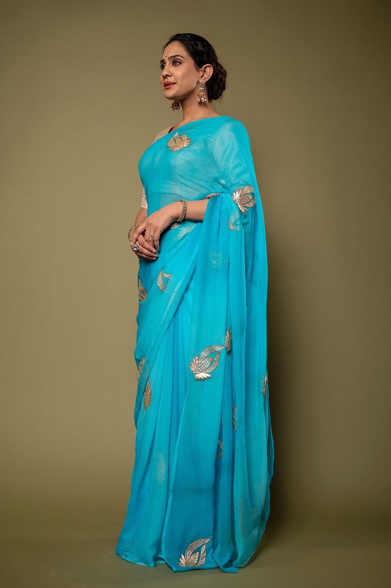Sky Blue Pure Chiffon Aari Cut work Motif Handwork Saree