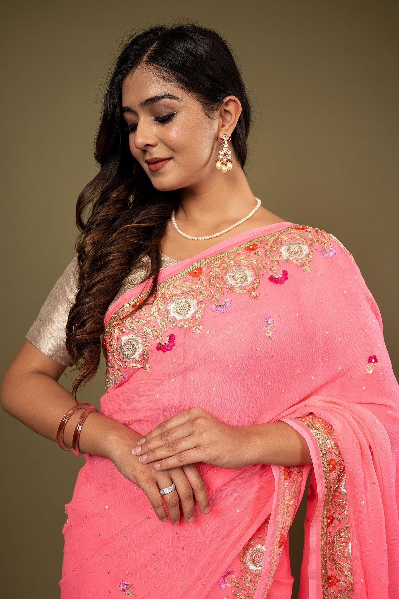 Neon Pink pure chiffon aari resham border butti handwork saree