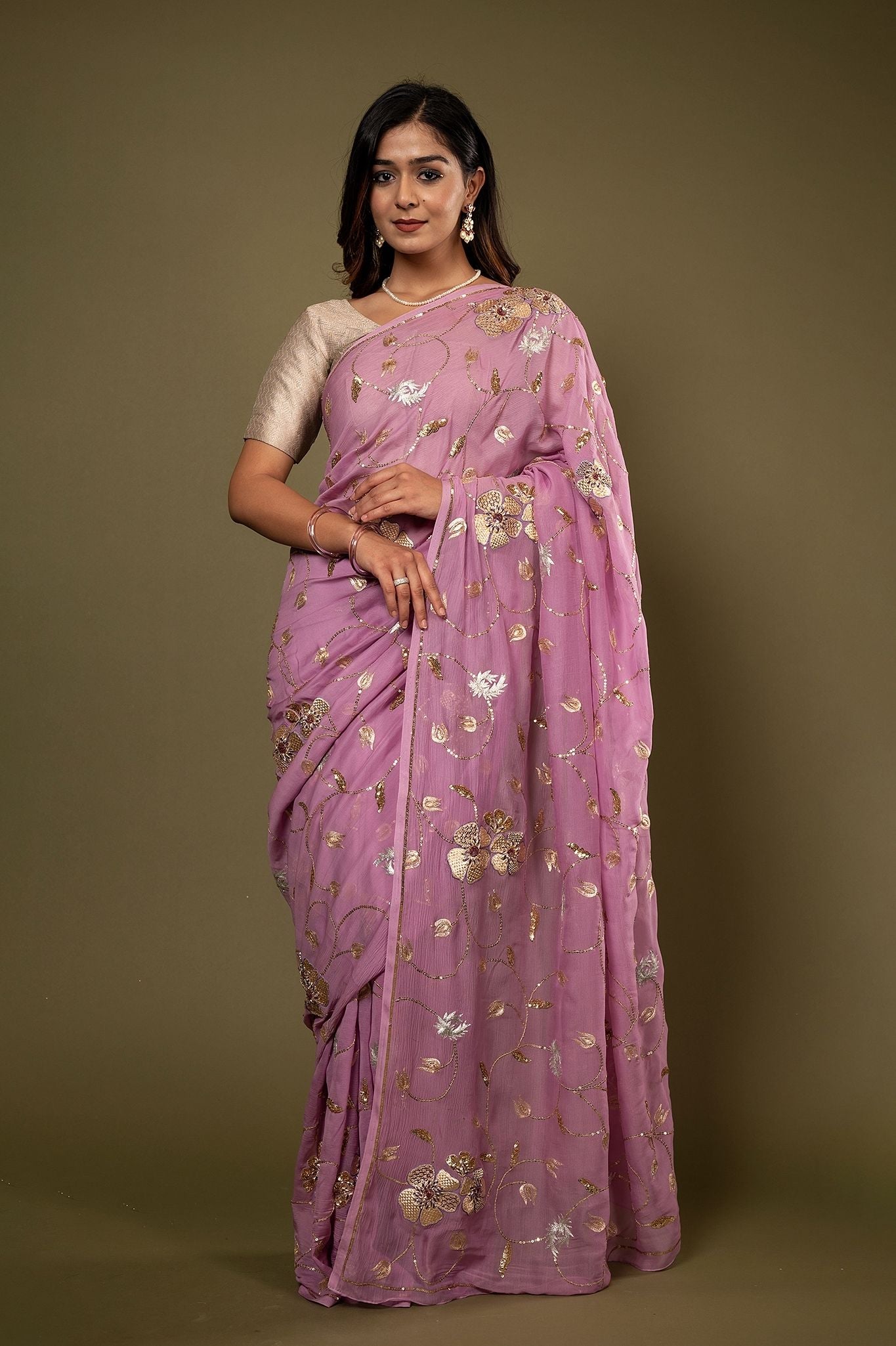 Lavender pure chiffon aari sequins jaal handwork saree