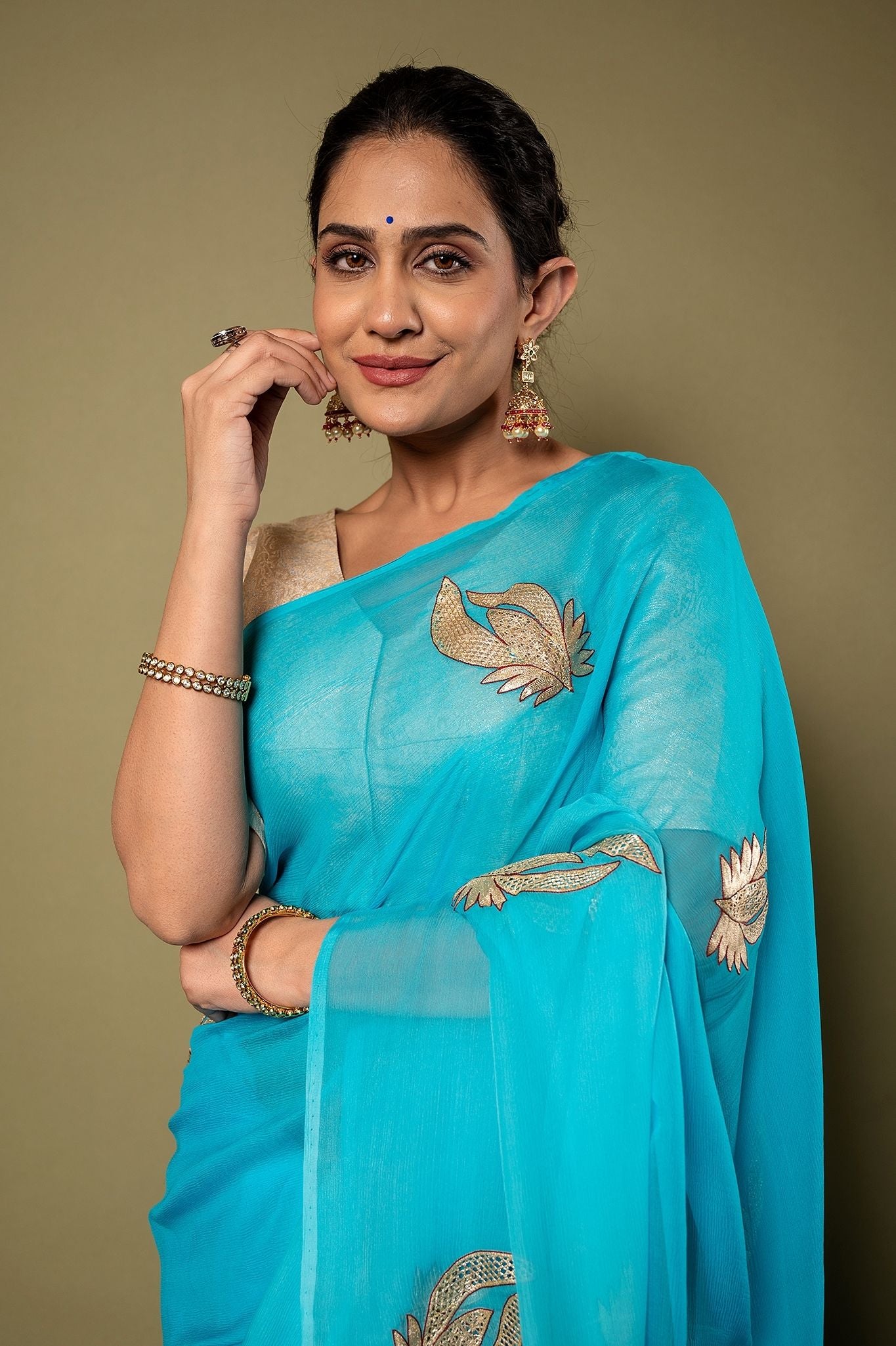 Sky Blue Pure Chiffon Aari Cut work Motif Handwork Saree