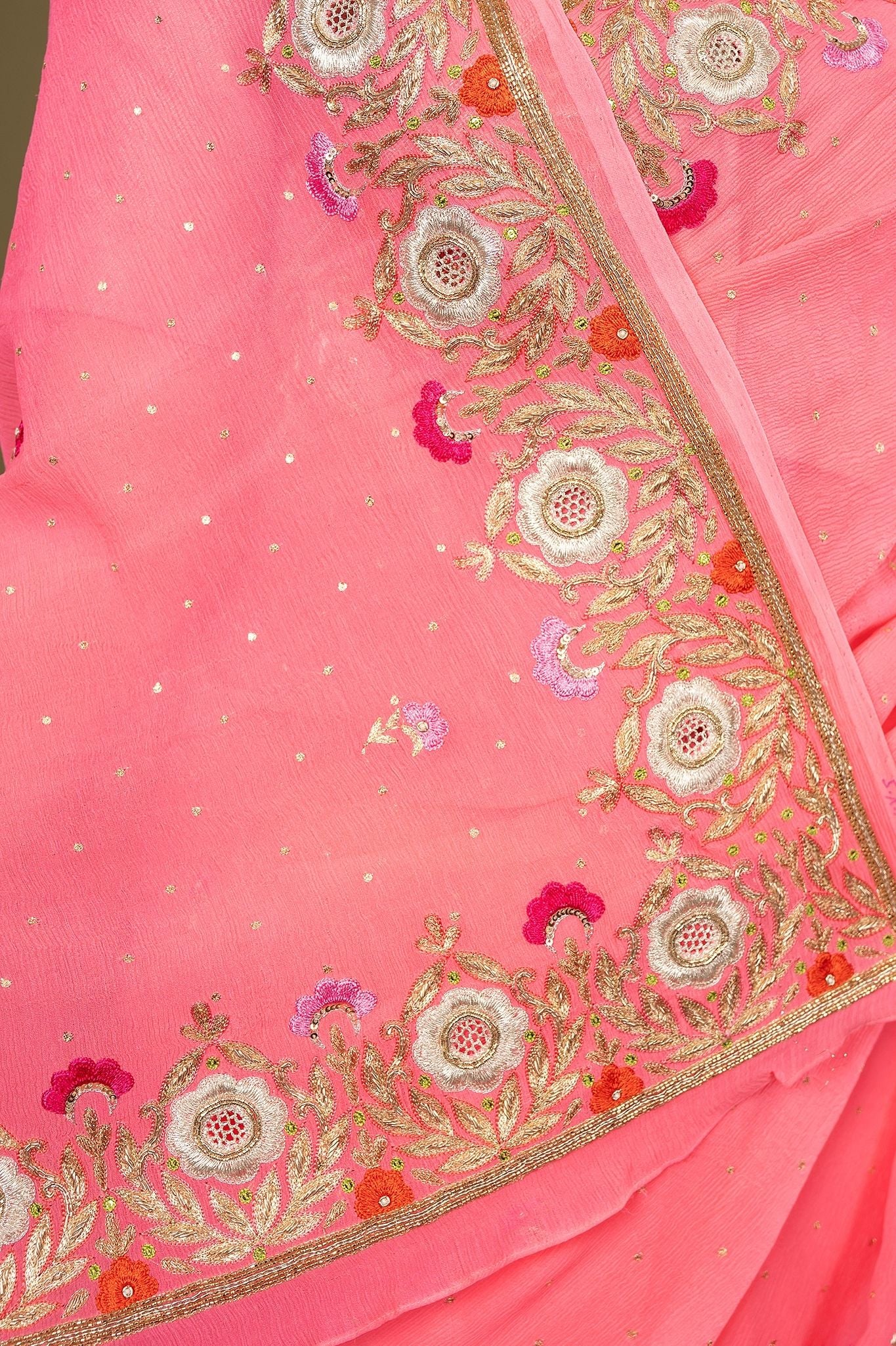 Neon Pink pure chiffon aari resham border butti handwork saree