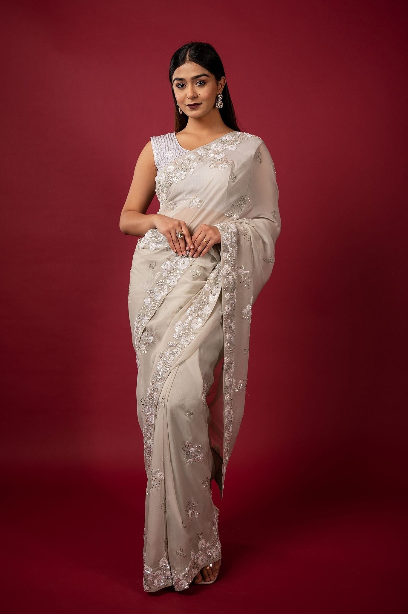 Milky grey organza sequins stone fancy work handwork saree