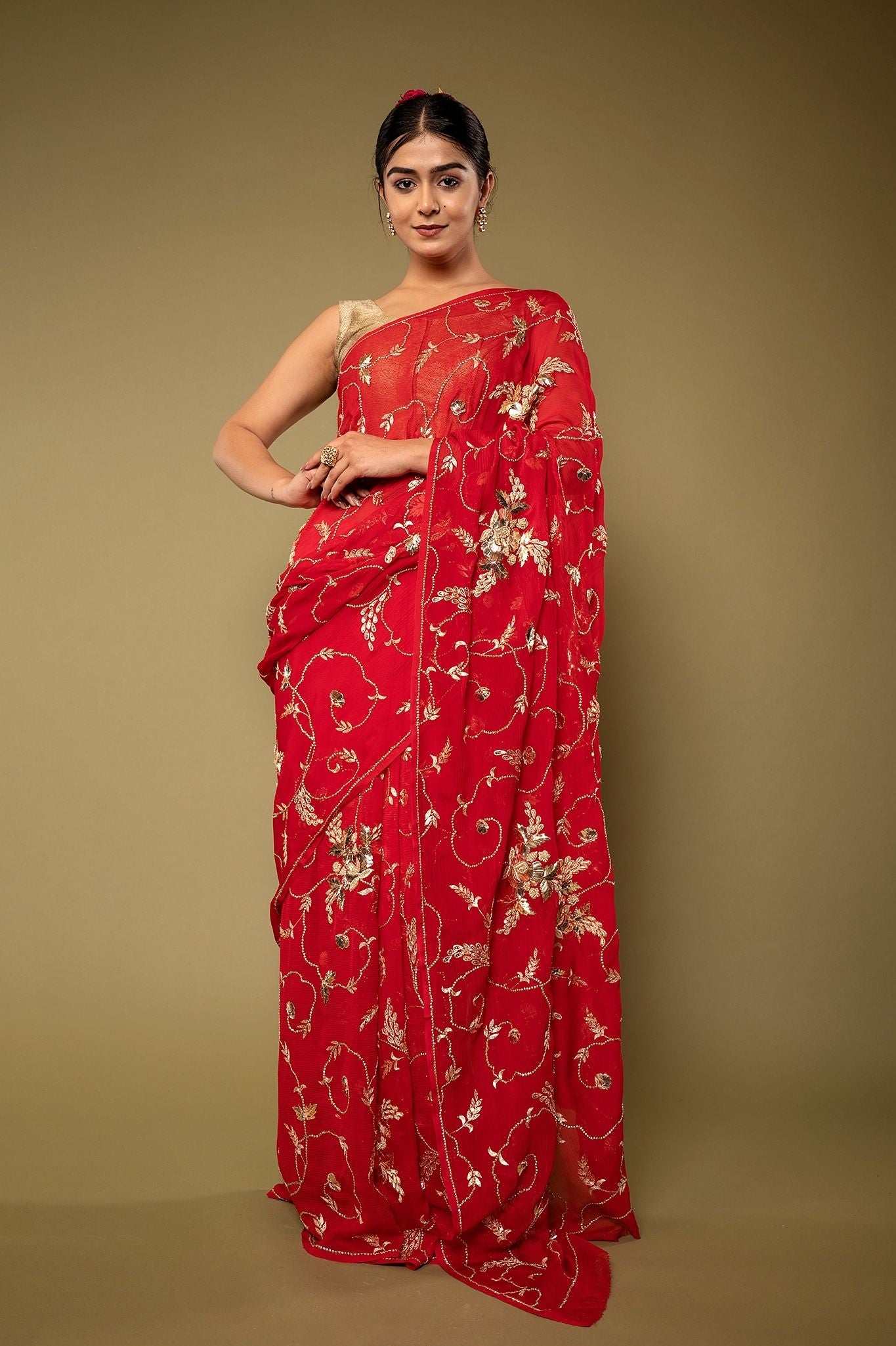 Red Pure chiffon Aari sequins badla jaal handwork saree