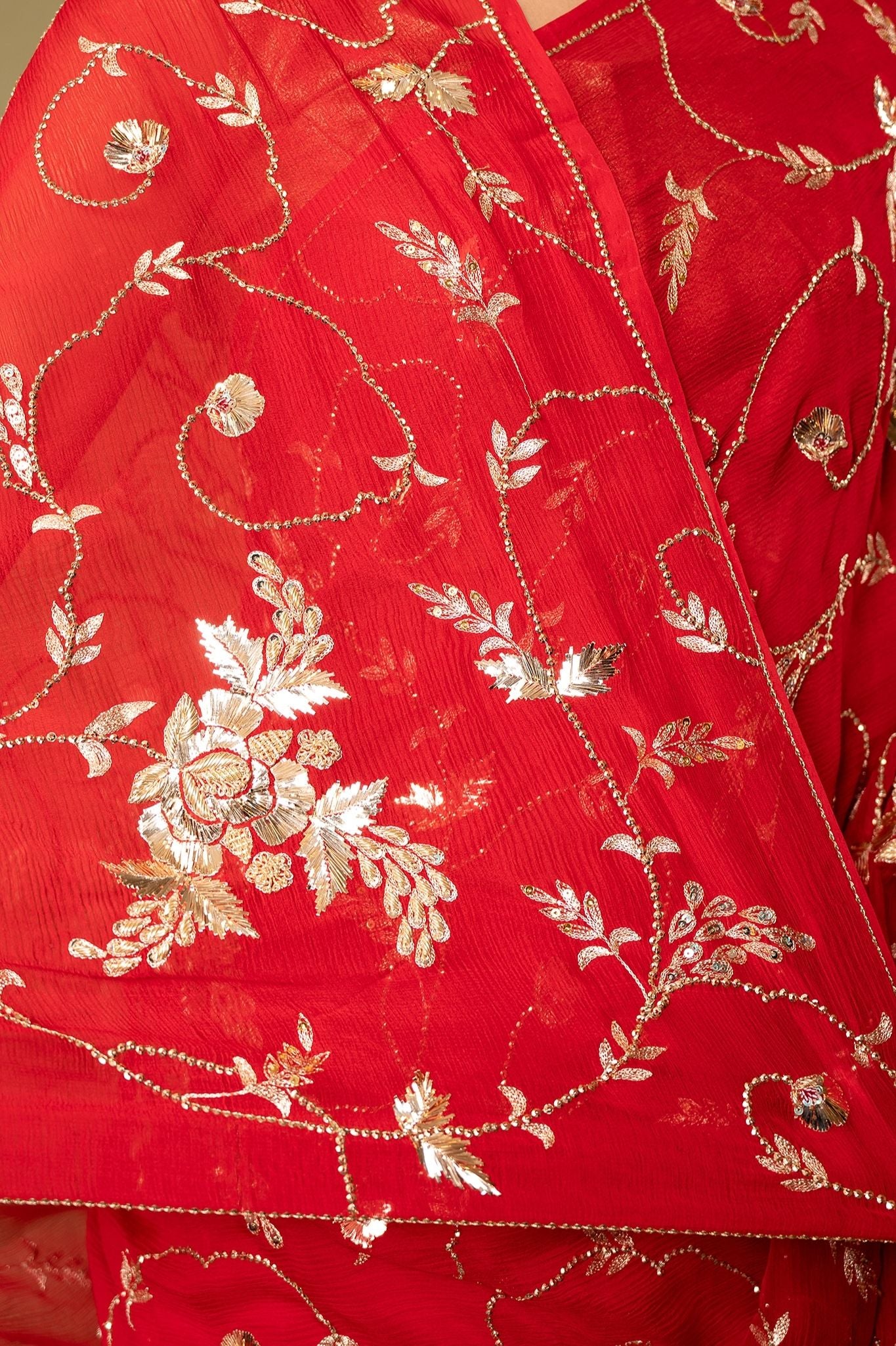 Red Pure chiffon Aari sequins badla jaal handwork saree