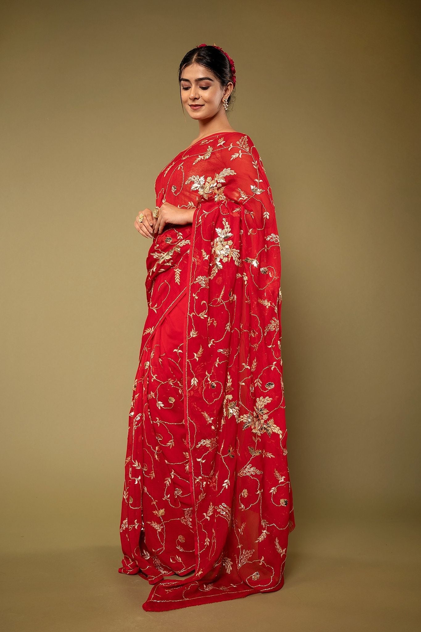 Red Pure chiffon Aari sequins badla jaal handwork saree