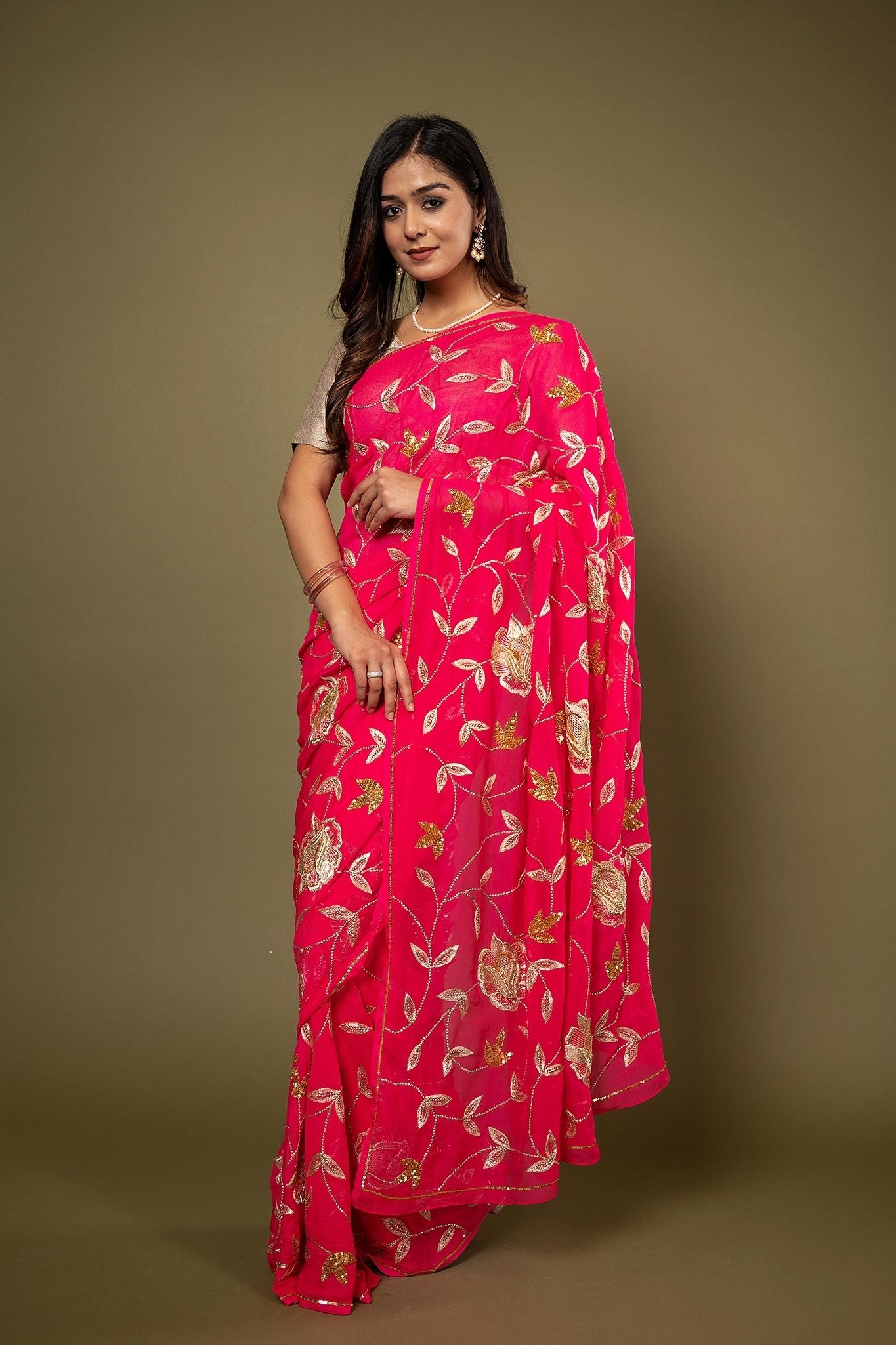 Rani pure chiffon aari sequins jaal handwork saree
