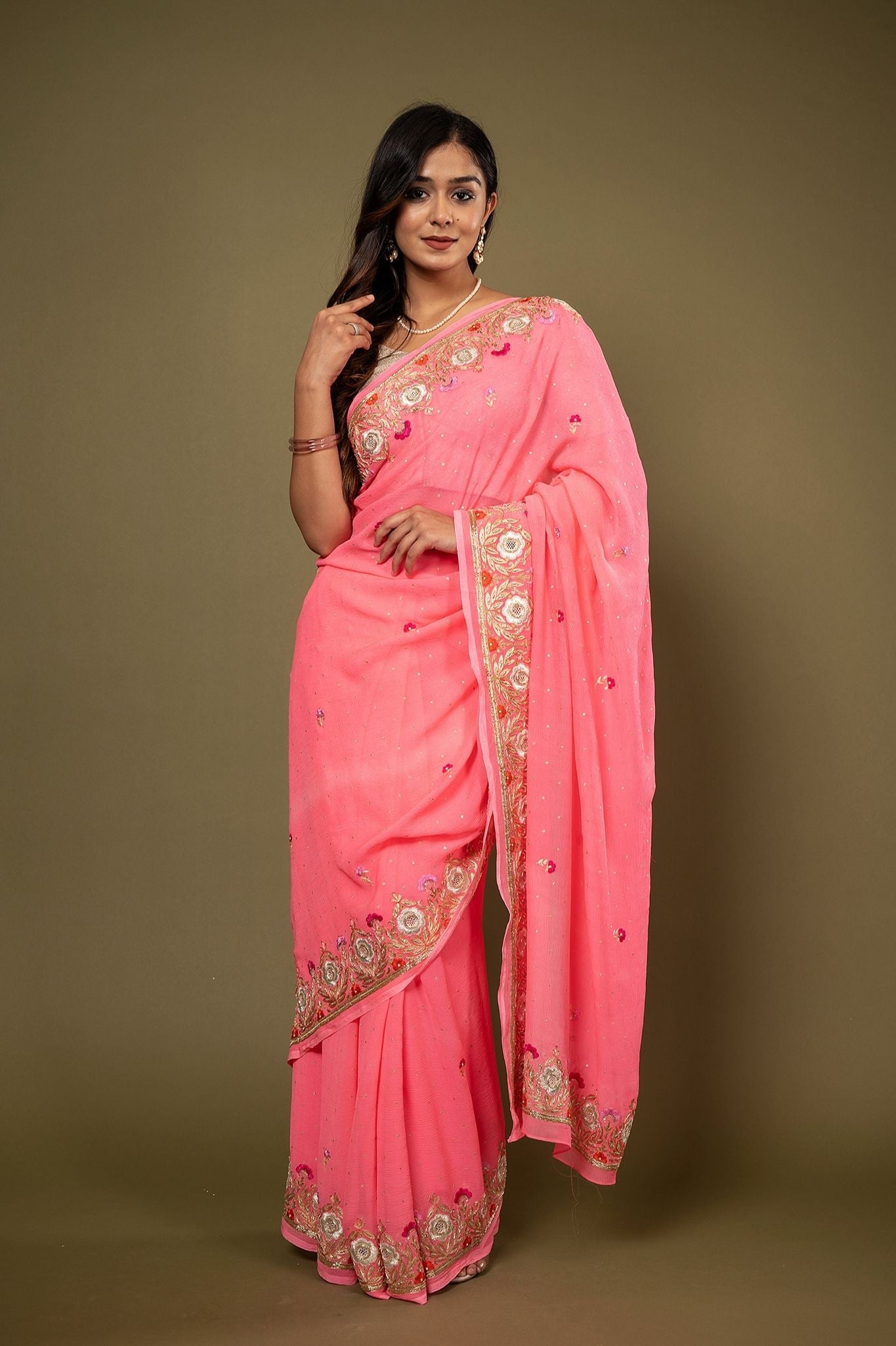 Neon Pink pure chiffon aari resham border butti handwork saree