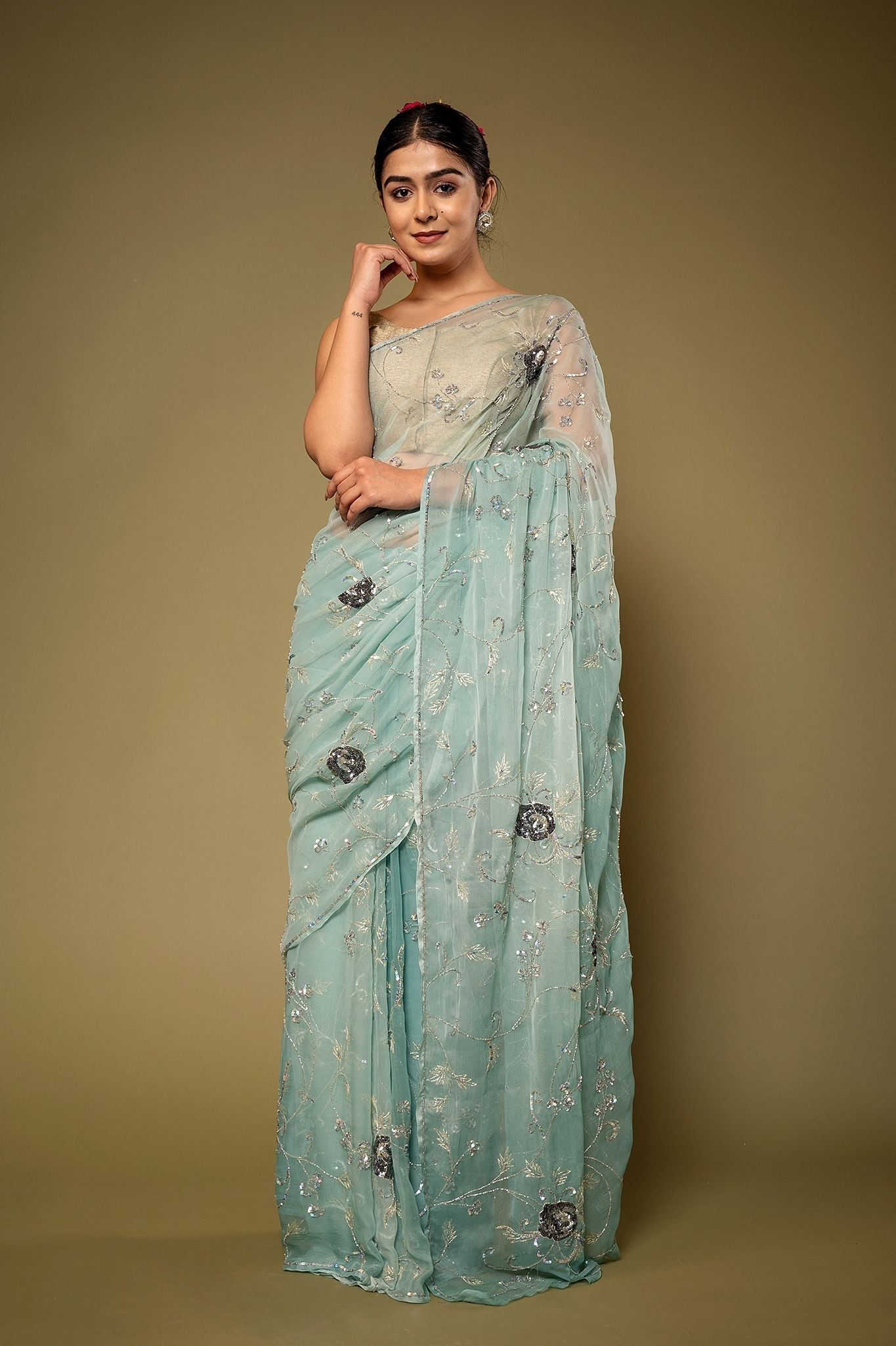 Sky Blue Viscose Chiffon Aari sequins Jaal handwork party wear Saree