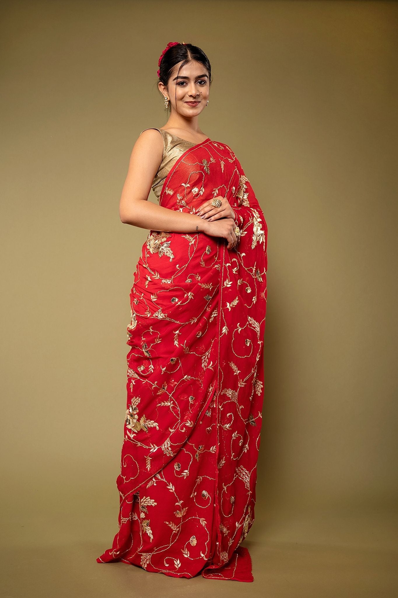 Red Pure chiffon Aari sequins badla jaal handwork saree