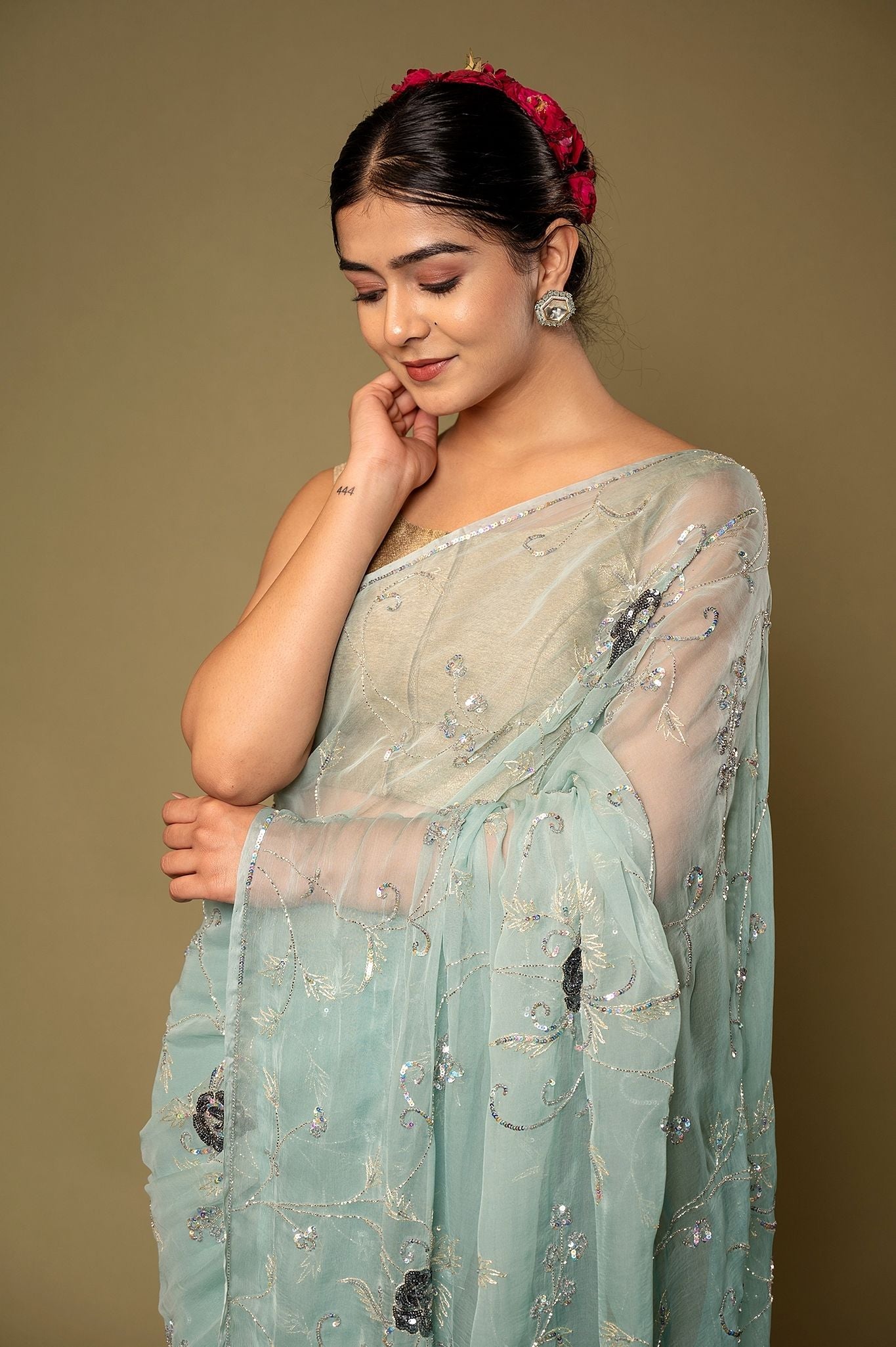 Sky Blue Viscose Chiffon Aari sequins Jaal handwork party wear Saree