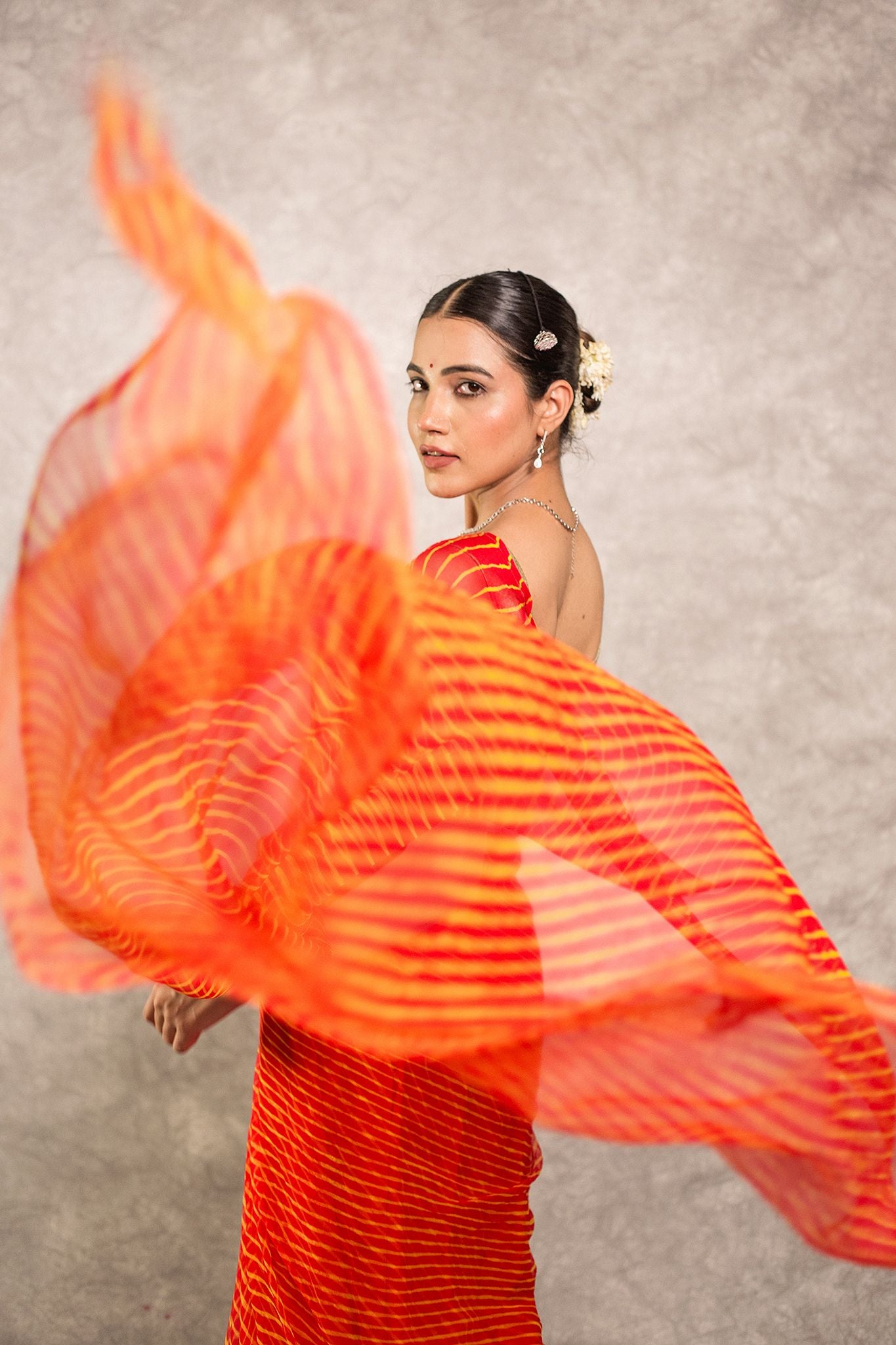 Orange lehariya Pure Georgette 20 Gsm plain hand dyed traditional wear saree