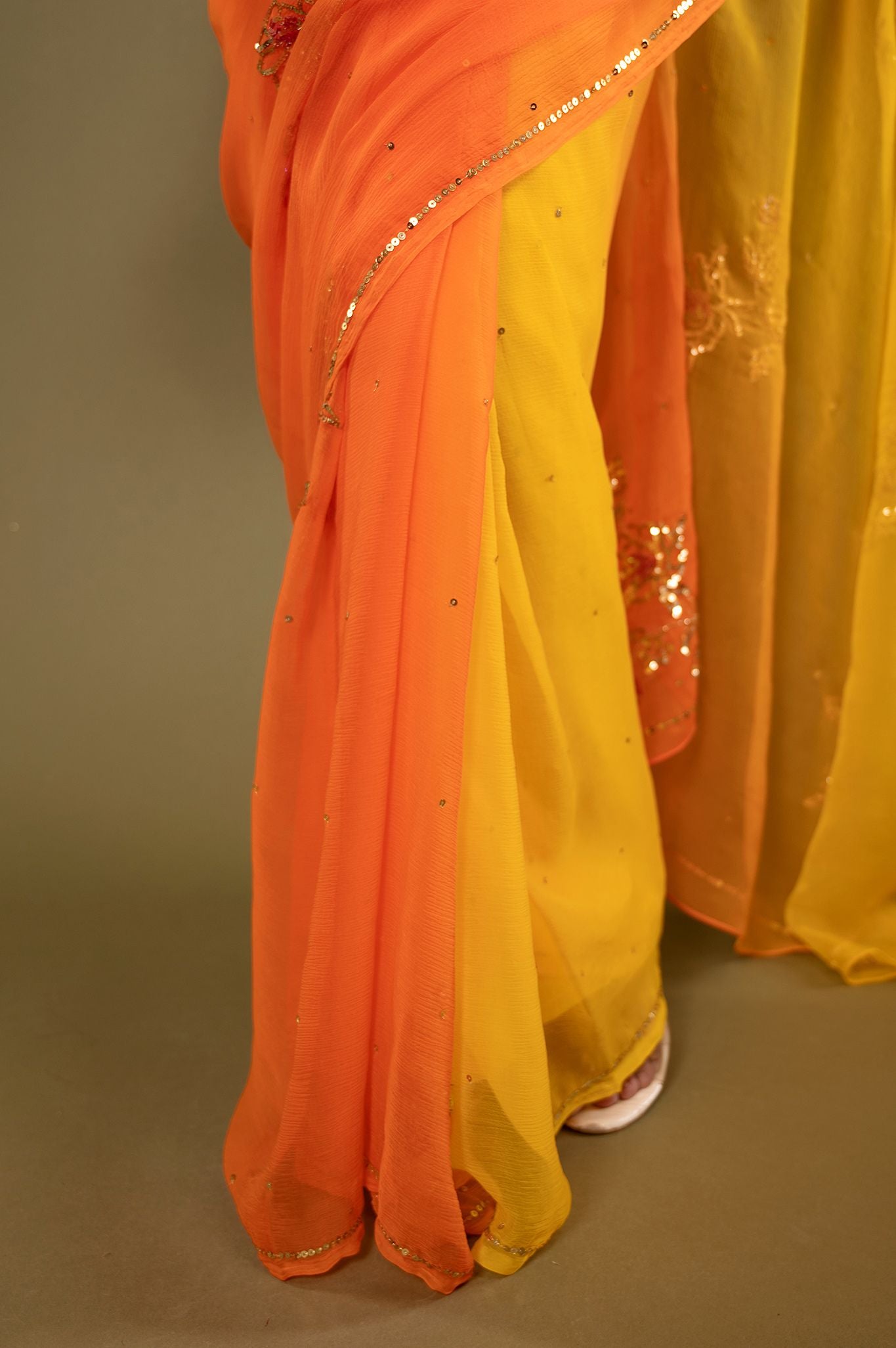 Orange yellow light dark viscose chiffon sequins motif handwork casual wear saree
