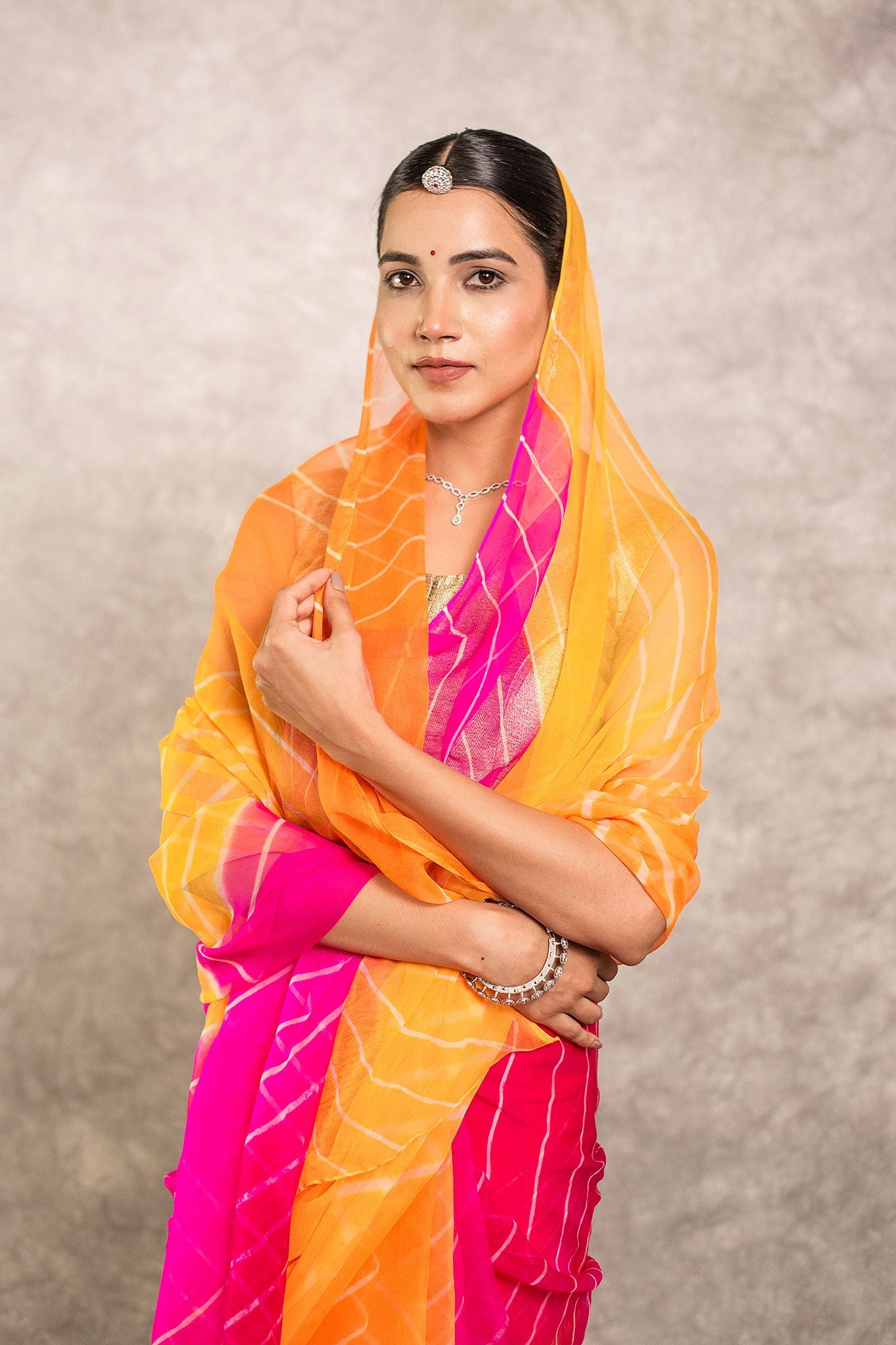 Multi lehariya Pure Georgette 20 Gsm plain hand dyed traditional wear saree