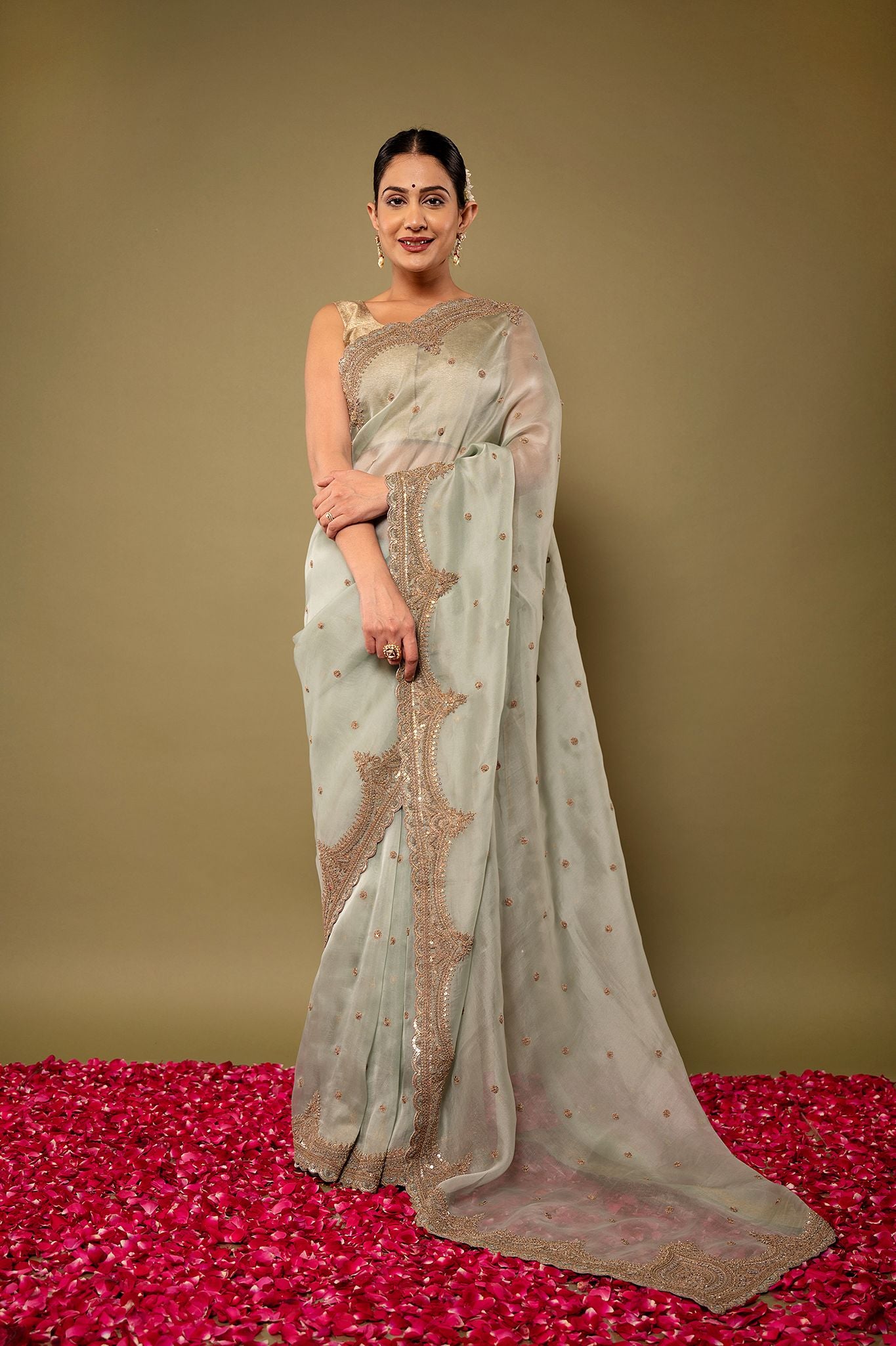 Greyish Green pure organza Dapka Marodi Border Butti handwork saree
