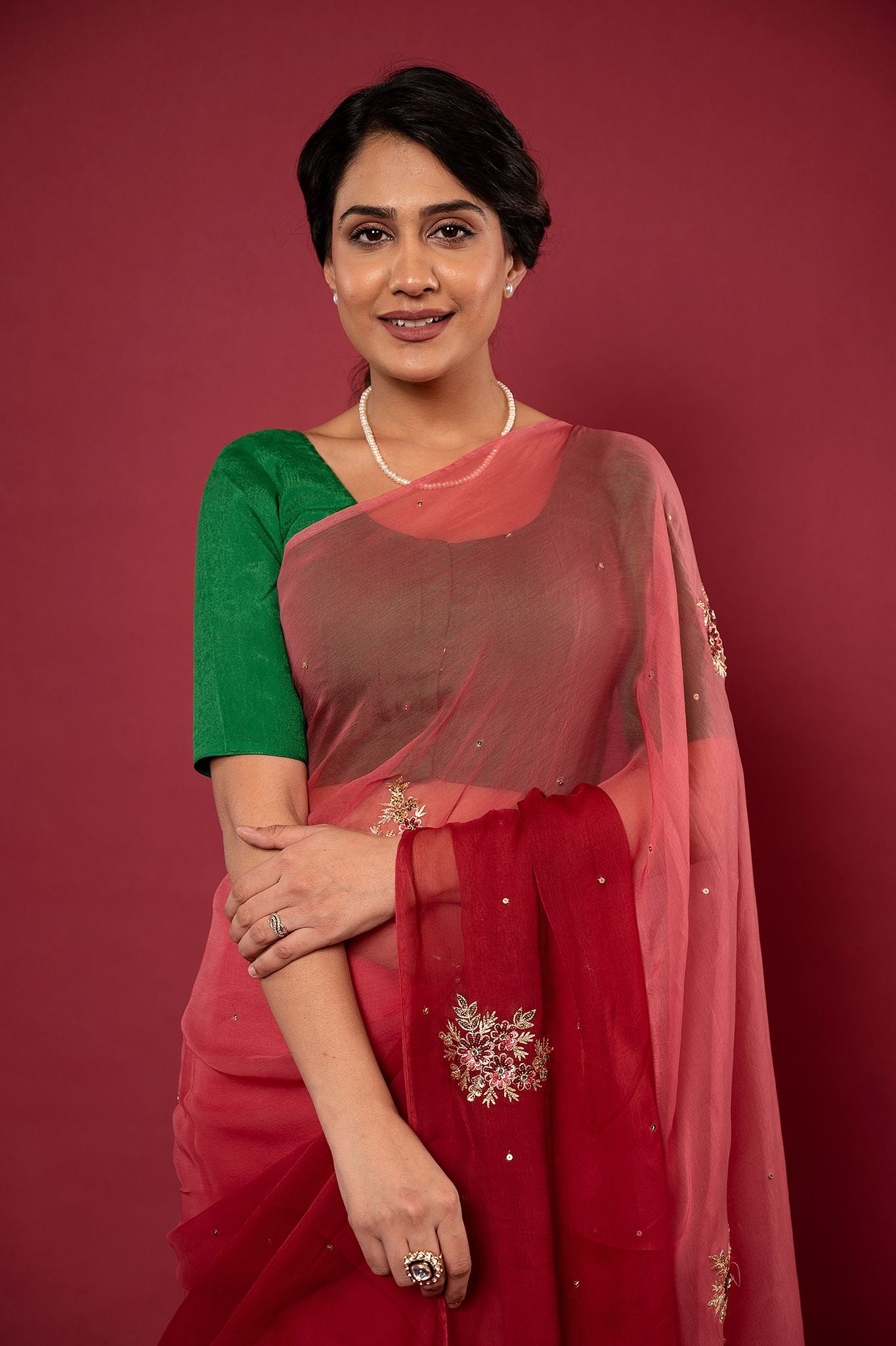 Maroon light dark viscose chiffon aari sequins motif handwork casual wear saree