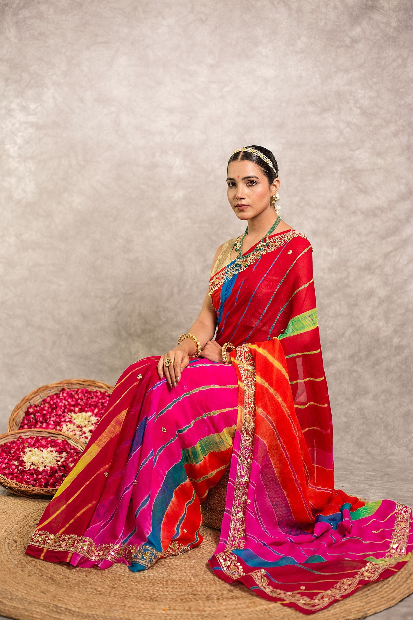 Multi lehariya Pure Georgette 40 Gsm Gotta Pati border butti handwork traditional wear saree