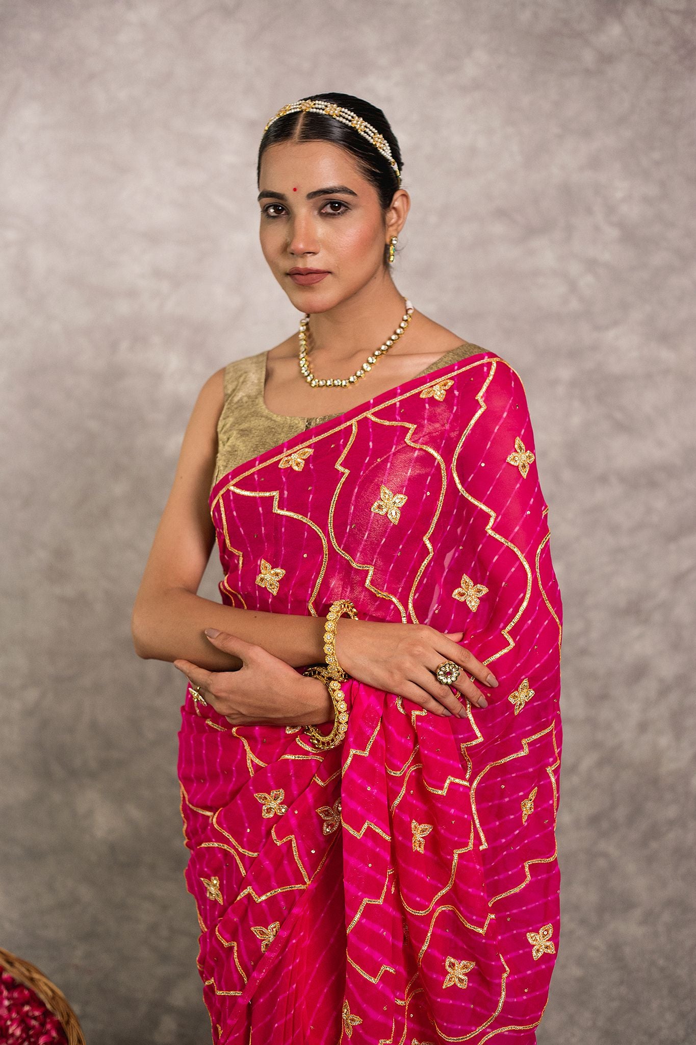 Rani Lehariya Pure Georgette 40 Gsm sikhiya dabi jaal handwork traditional wear saree