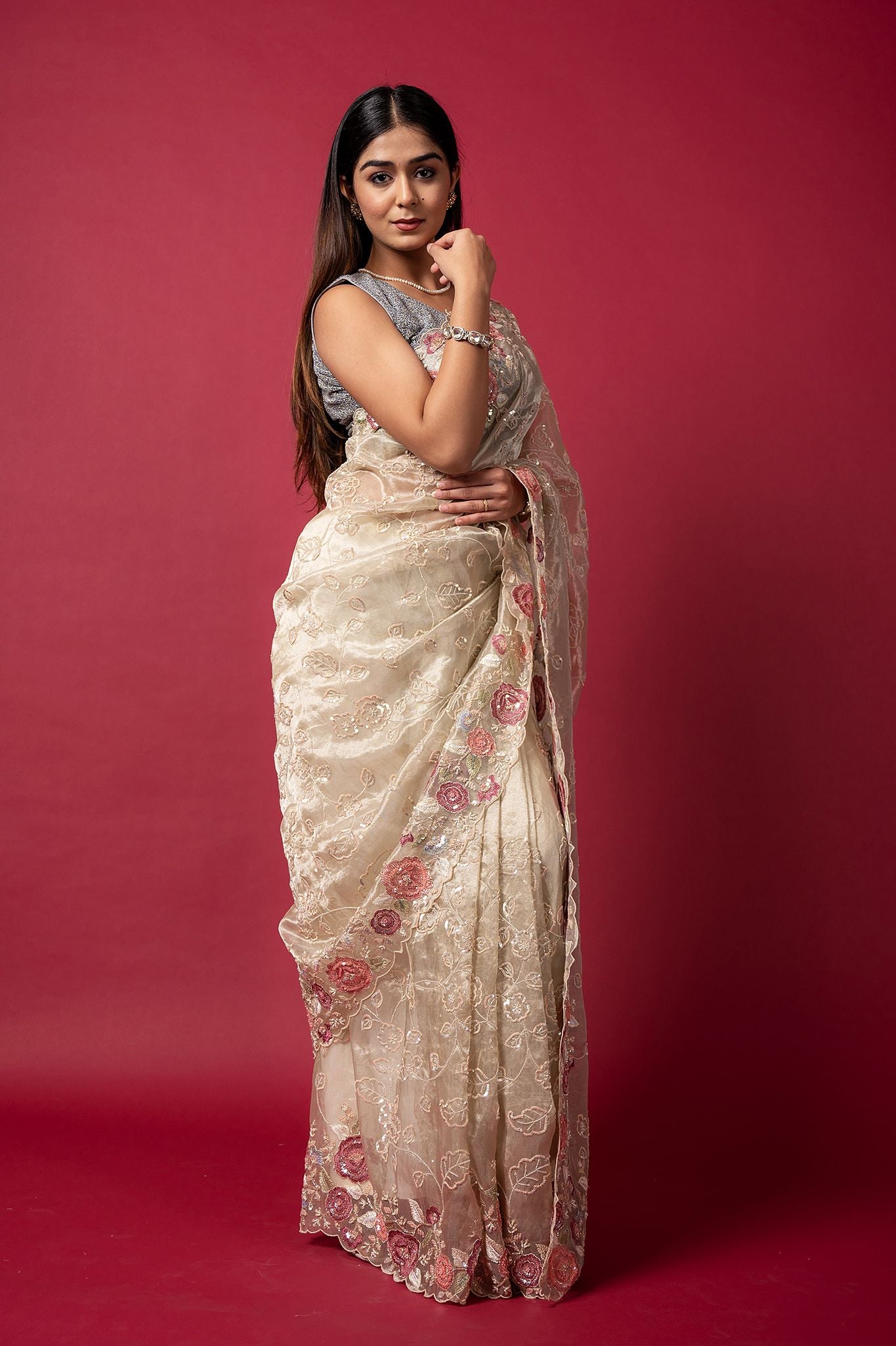cream Tissue organza fancy sequins handwork saree