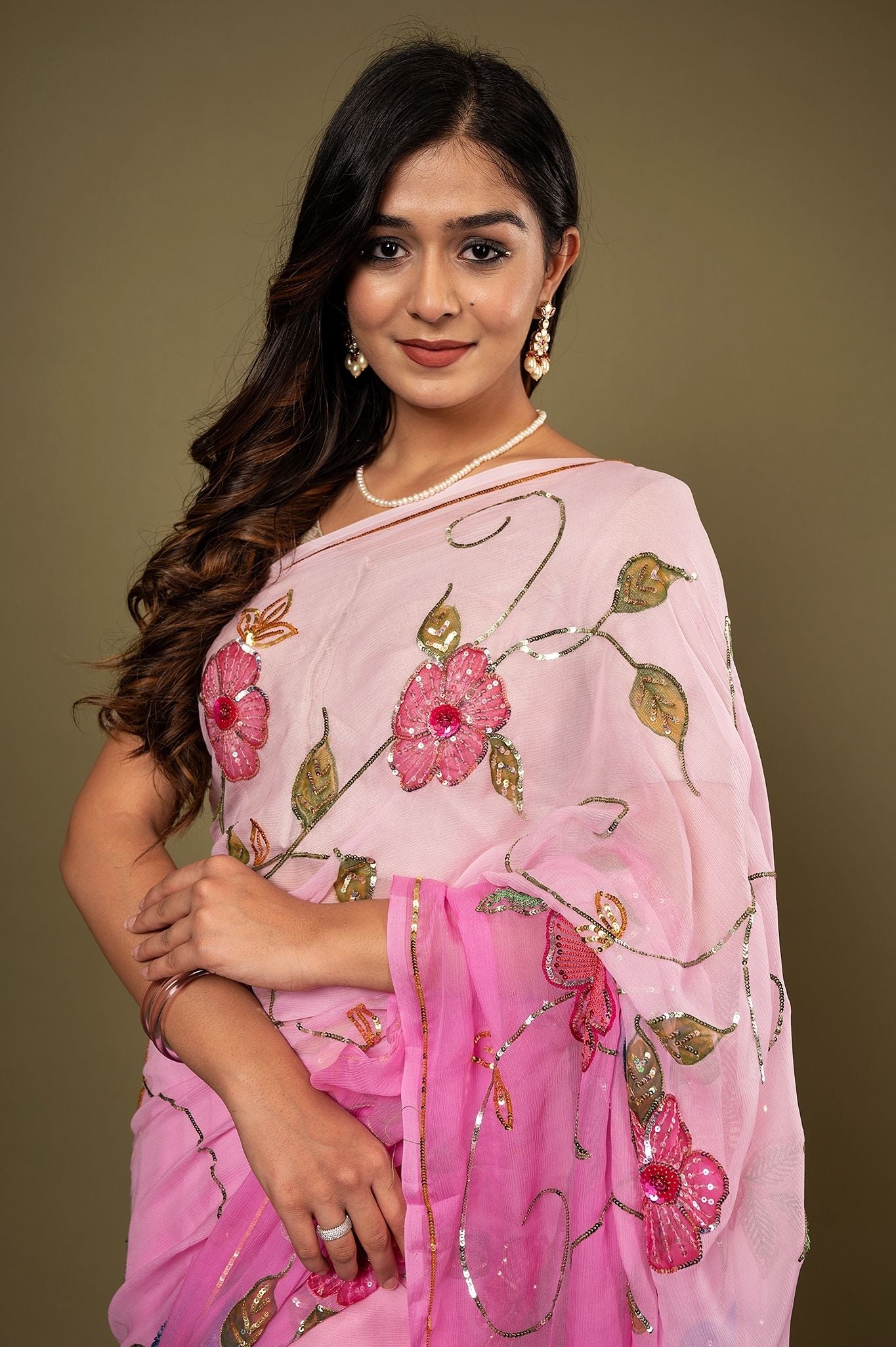 Pink light dark pure chiffon sequins resham handpainting highlight handwork saree