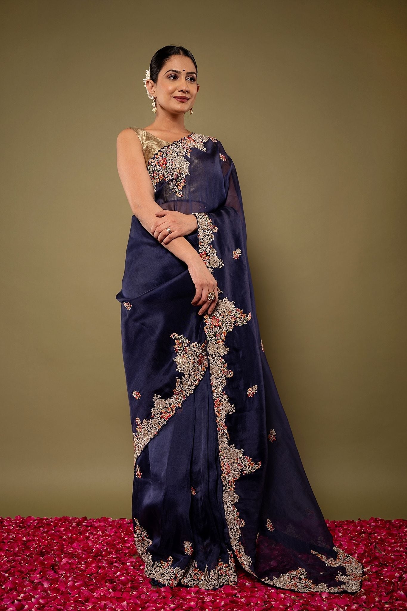 Royal Blue pure organza Dapka Marodi Zardozi border butti handwork saree