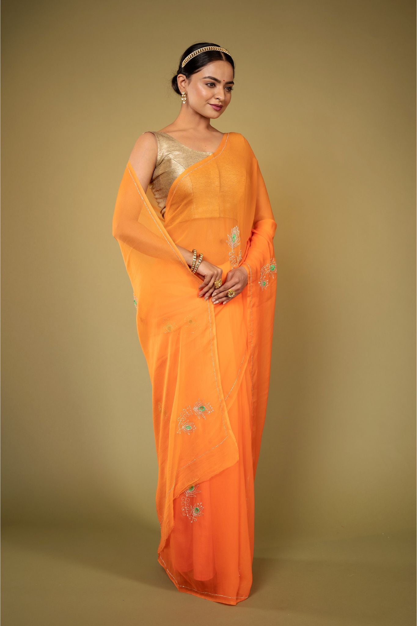 Orange viscose chiffon Kardana Resham Motif handwork casual wear saree
