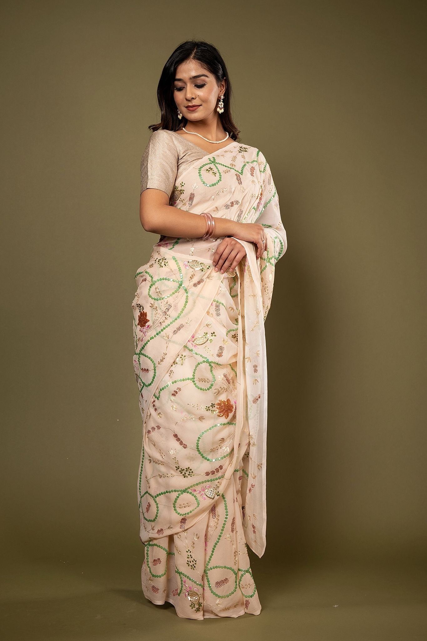 Cream Pure chiffon sequins aari resham jaal handwork saree