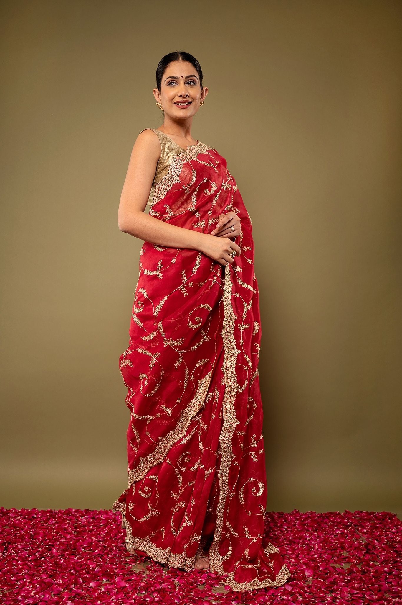 red pure organza Dapka Zardozi border butti jaal handwork saree