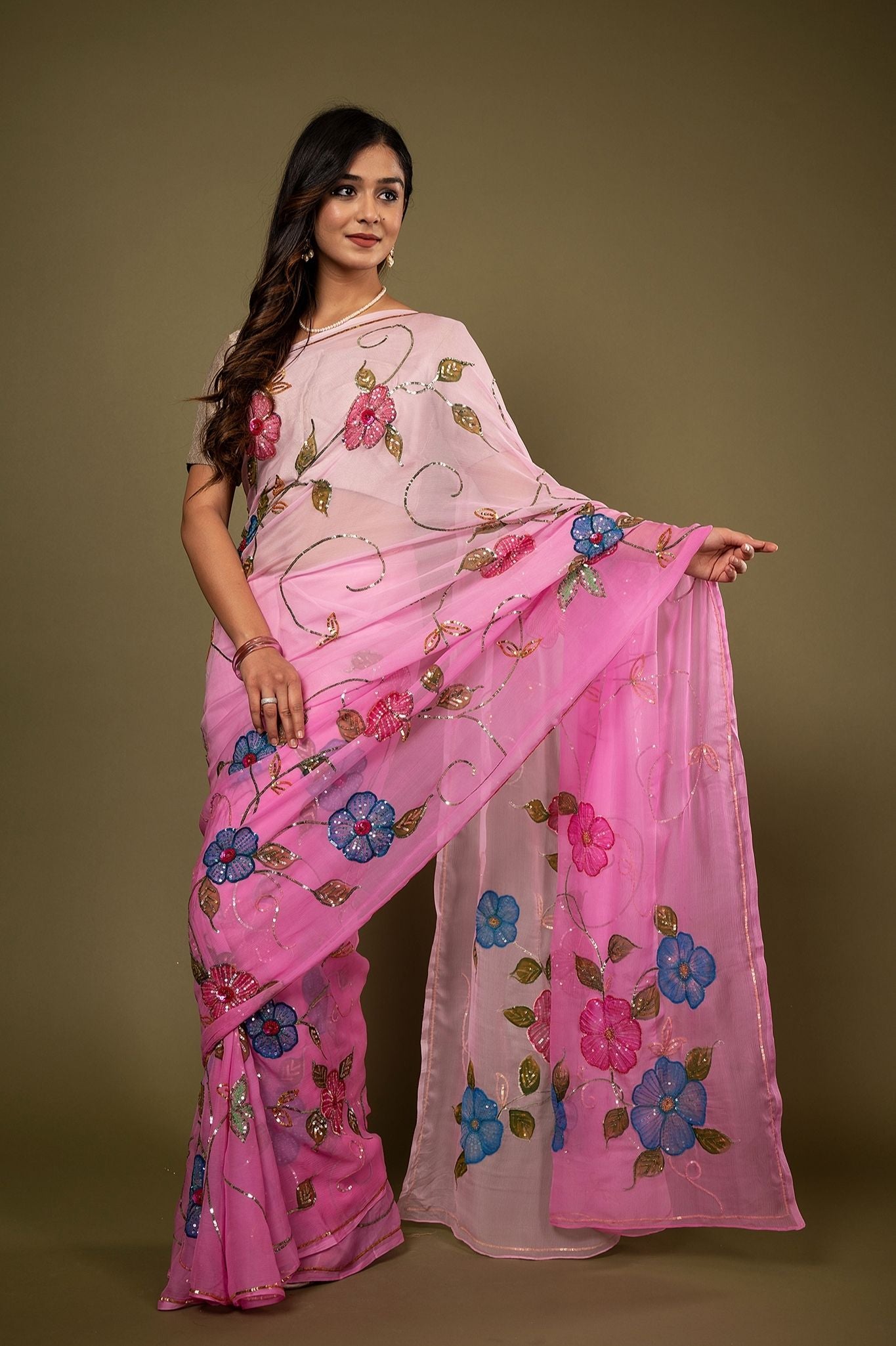 Pink light dark pure chiffon sequins resham handpainting highlight handwork saree