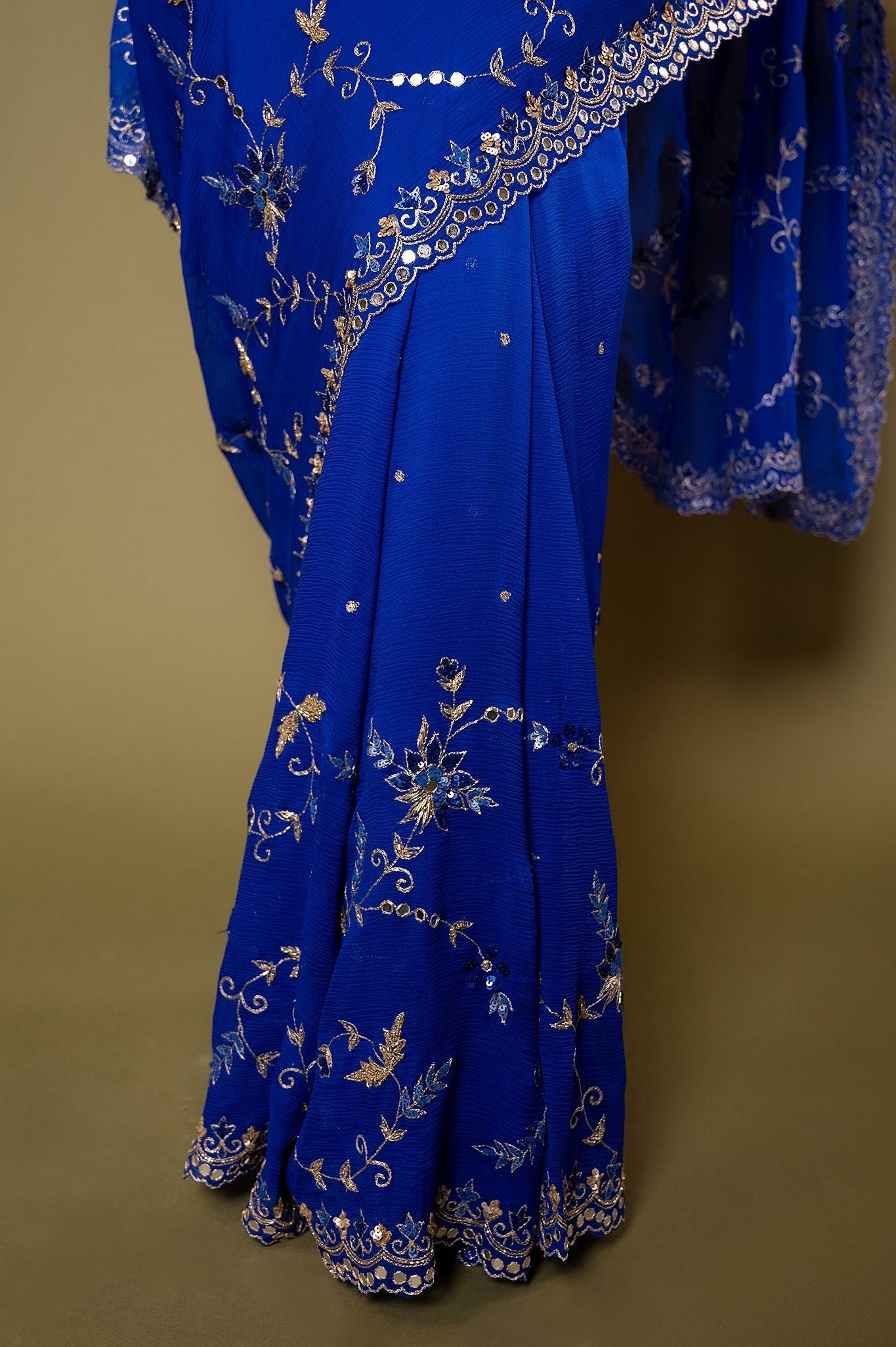 Royal Blue Viscose Chiffon Aari sequins border jaal handwork party wear Saree