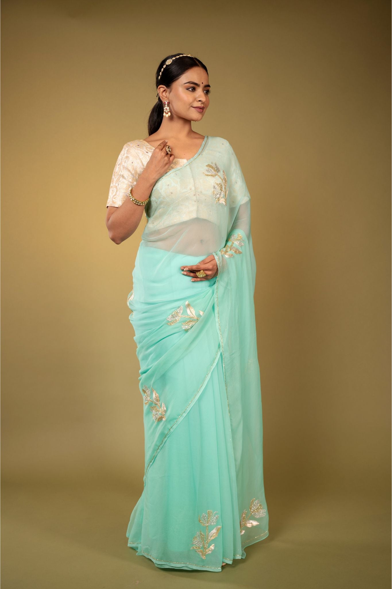 Sea Green Viscose Chiffon aari sequins motif handwork party wear saree