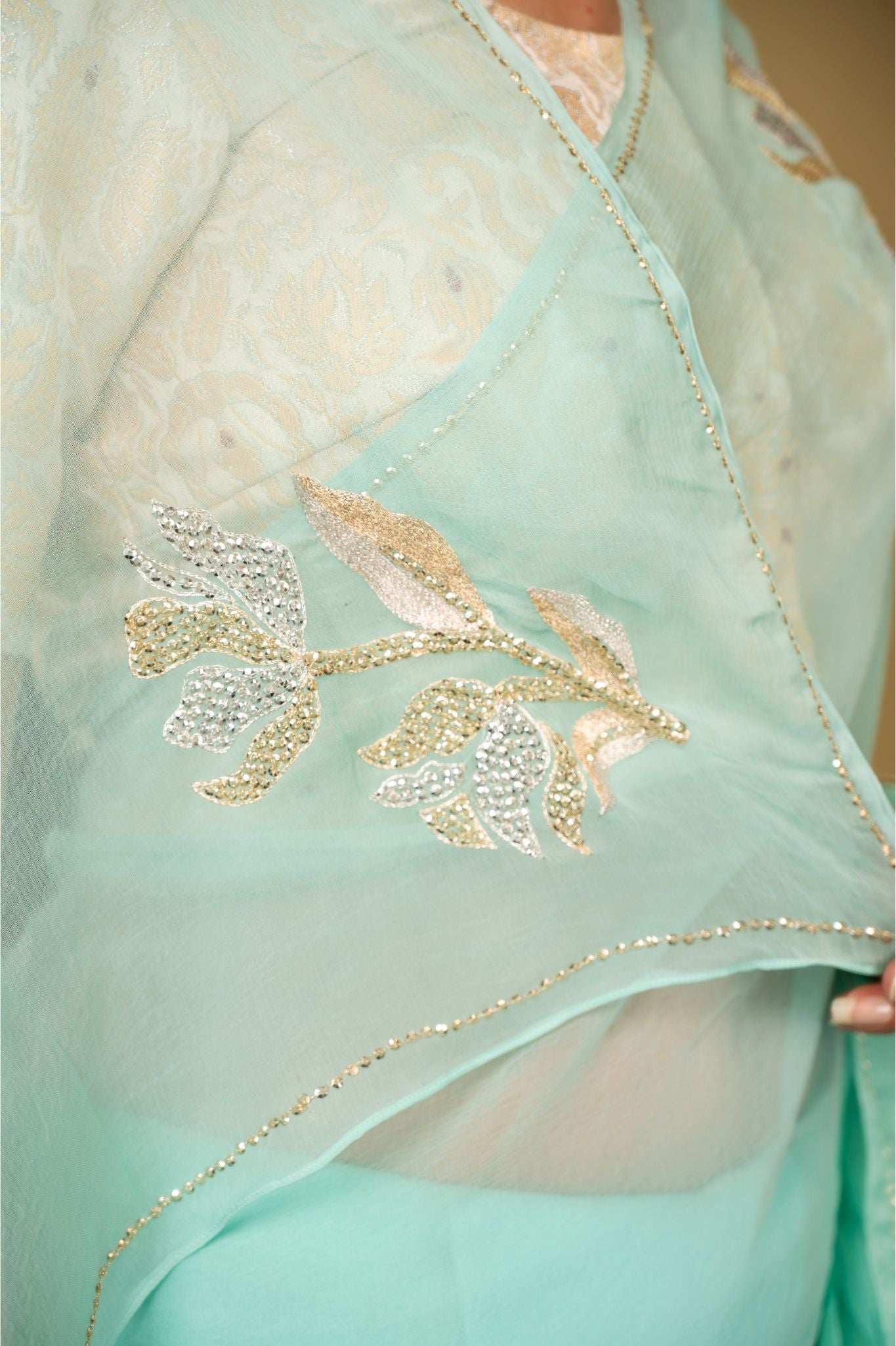 Sea Green Viscose Chiffon aari sequins motif handwork party wear saree