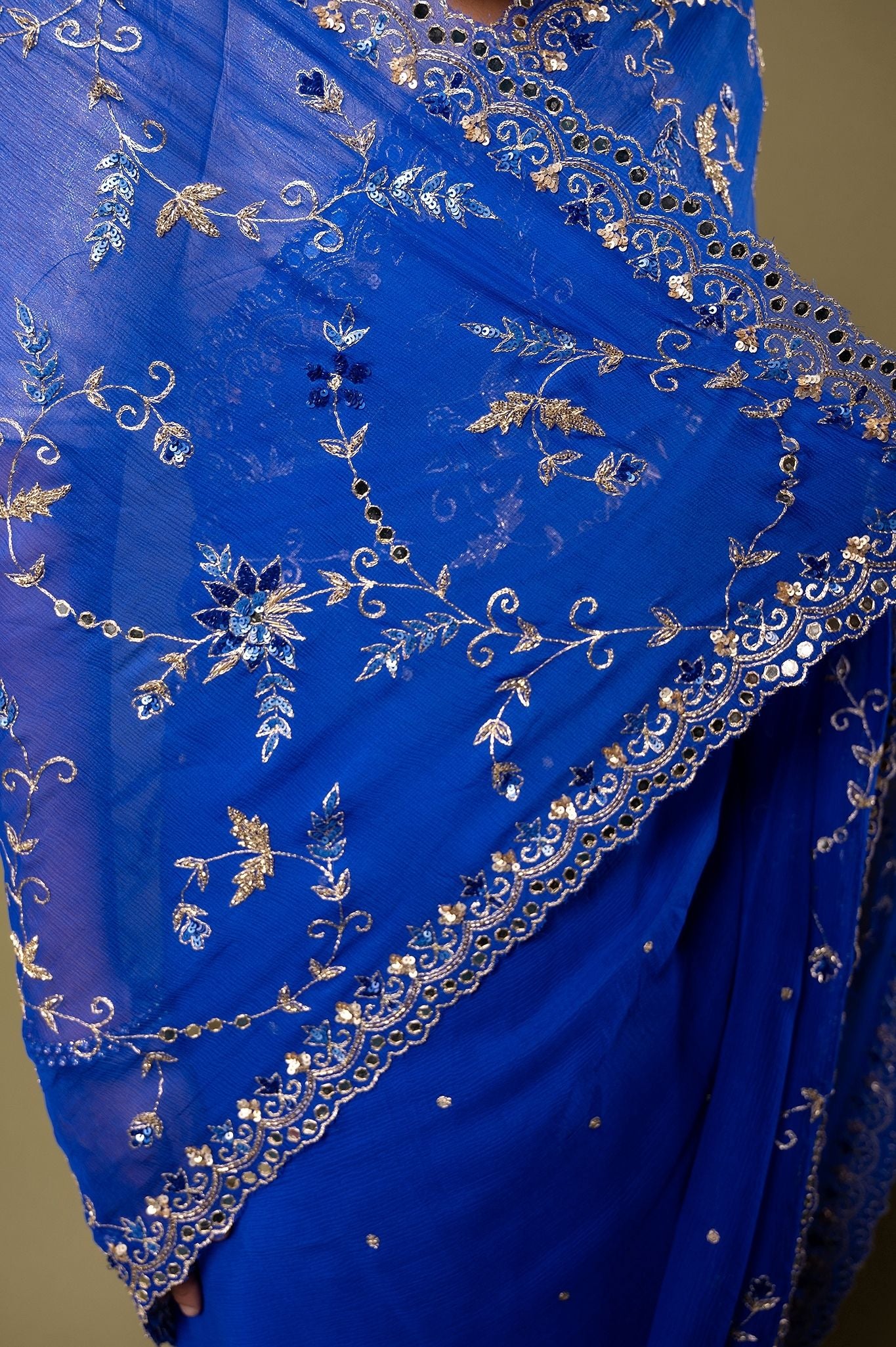 Royal Blue Viscose Chiffon Aari sequins border jaal handwork party wear Saree