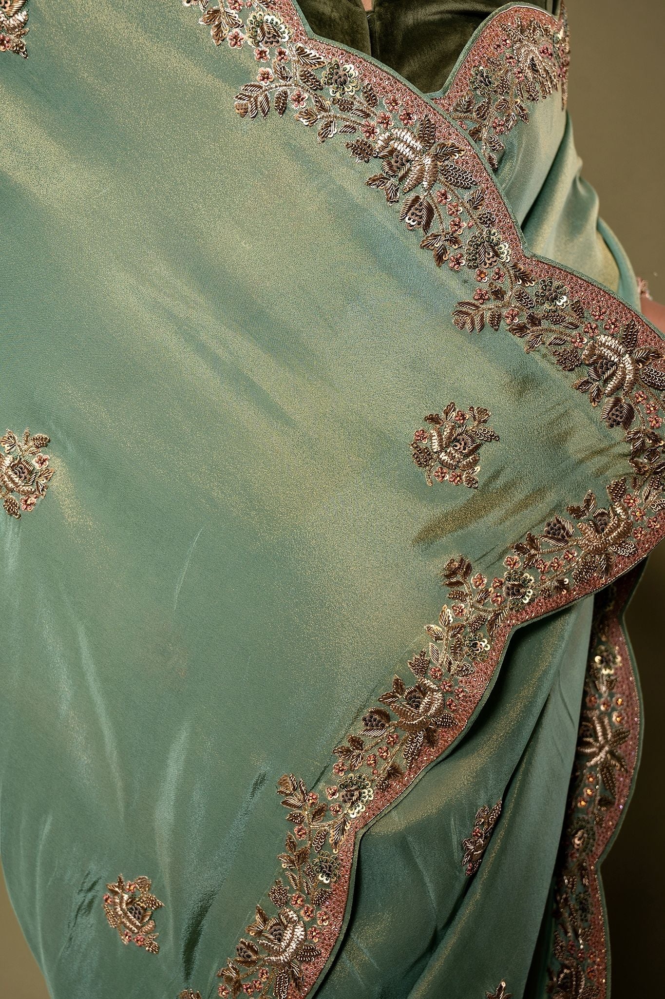 Green pure tissue Resham Zardozi border butti handwork saree