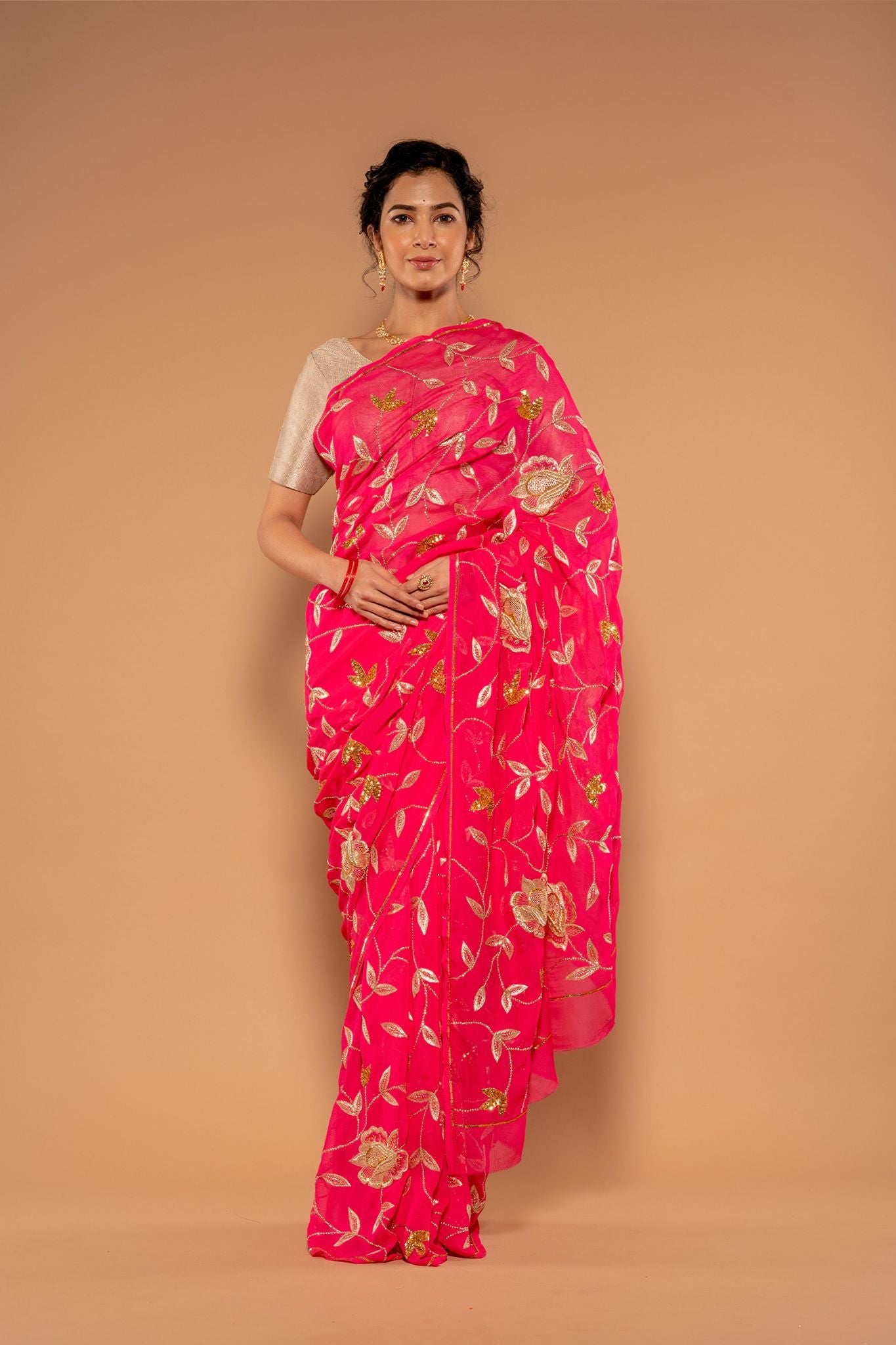 Gajri Pure Chiffon Aari sequins Jaal Handwork Saree