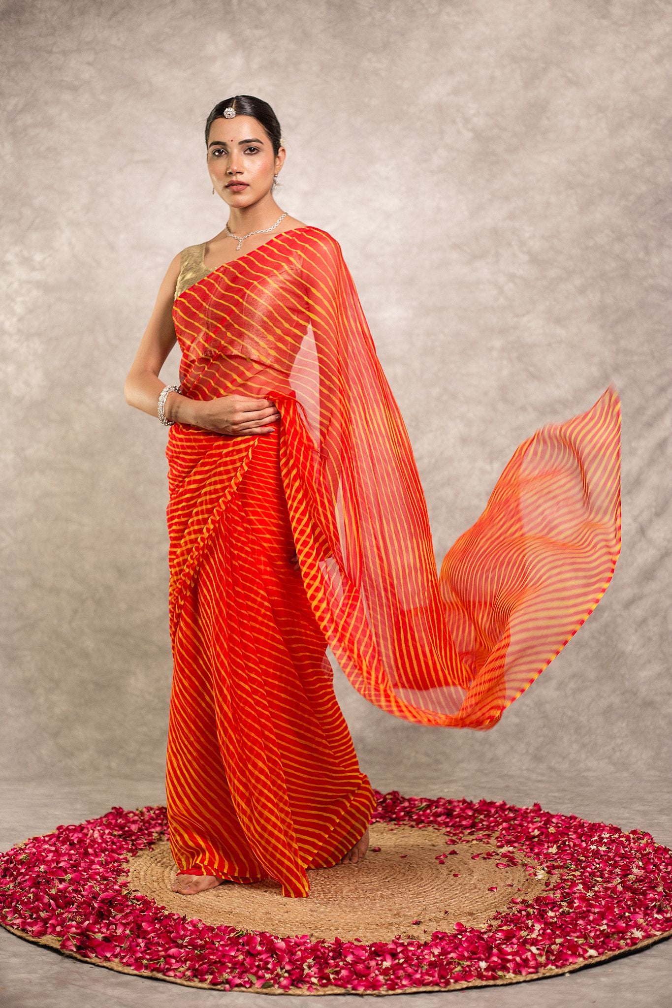 Orange lehariya Pure Georgette 20 Gsm plain hand dyed traditional wear saree