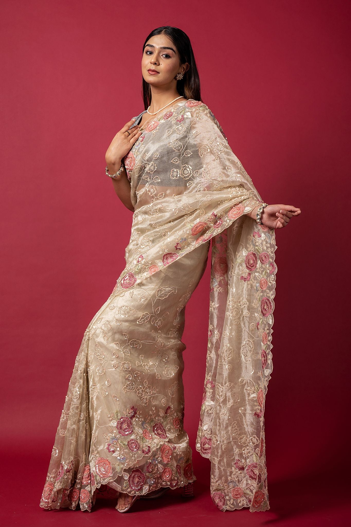 cream Tissue organza fancy sequins handwork saree