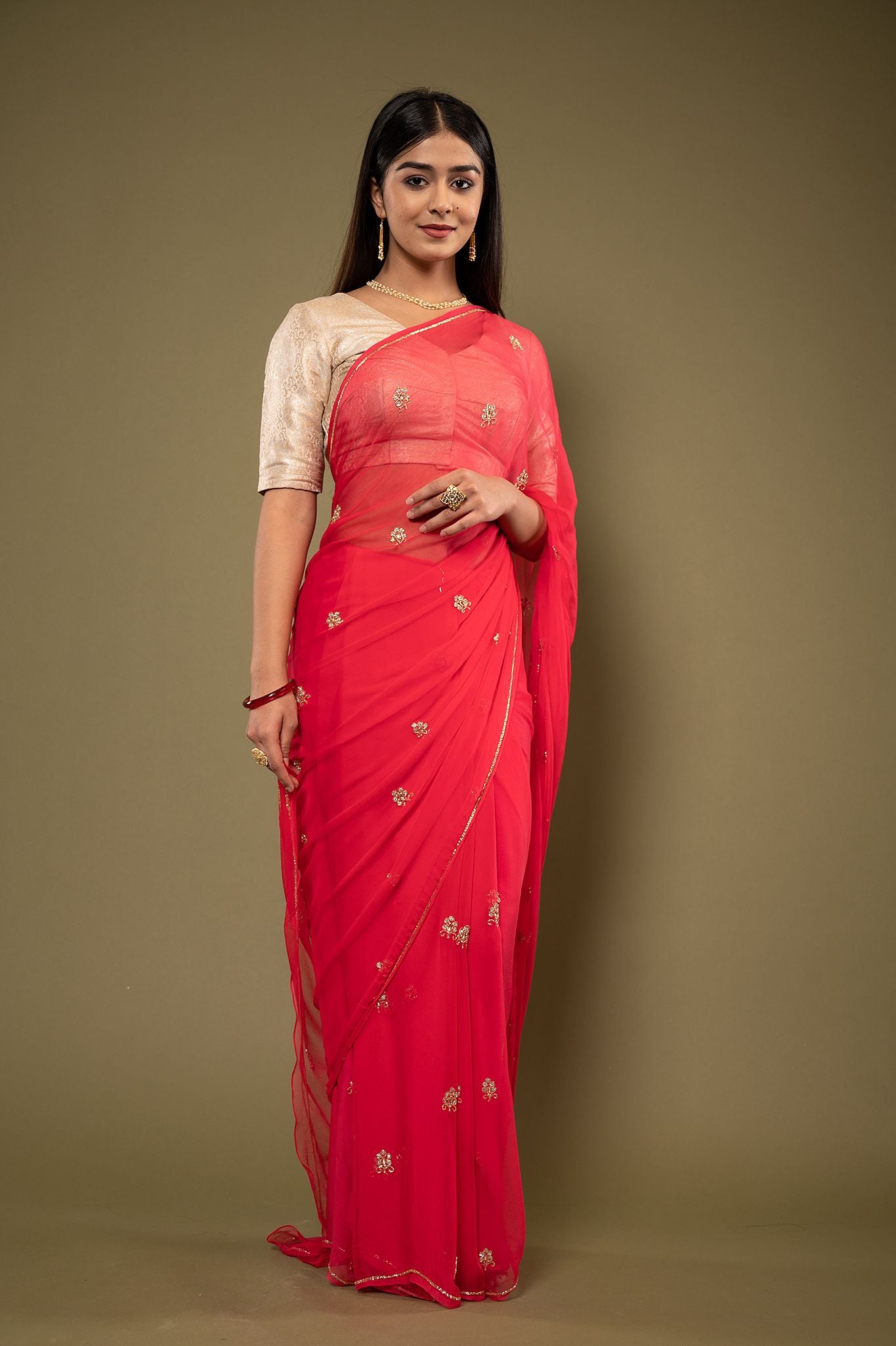 Red viscose chiffon kardana kundan motif handwork casual wear saree